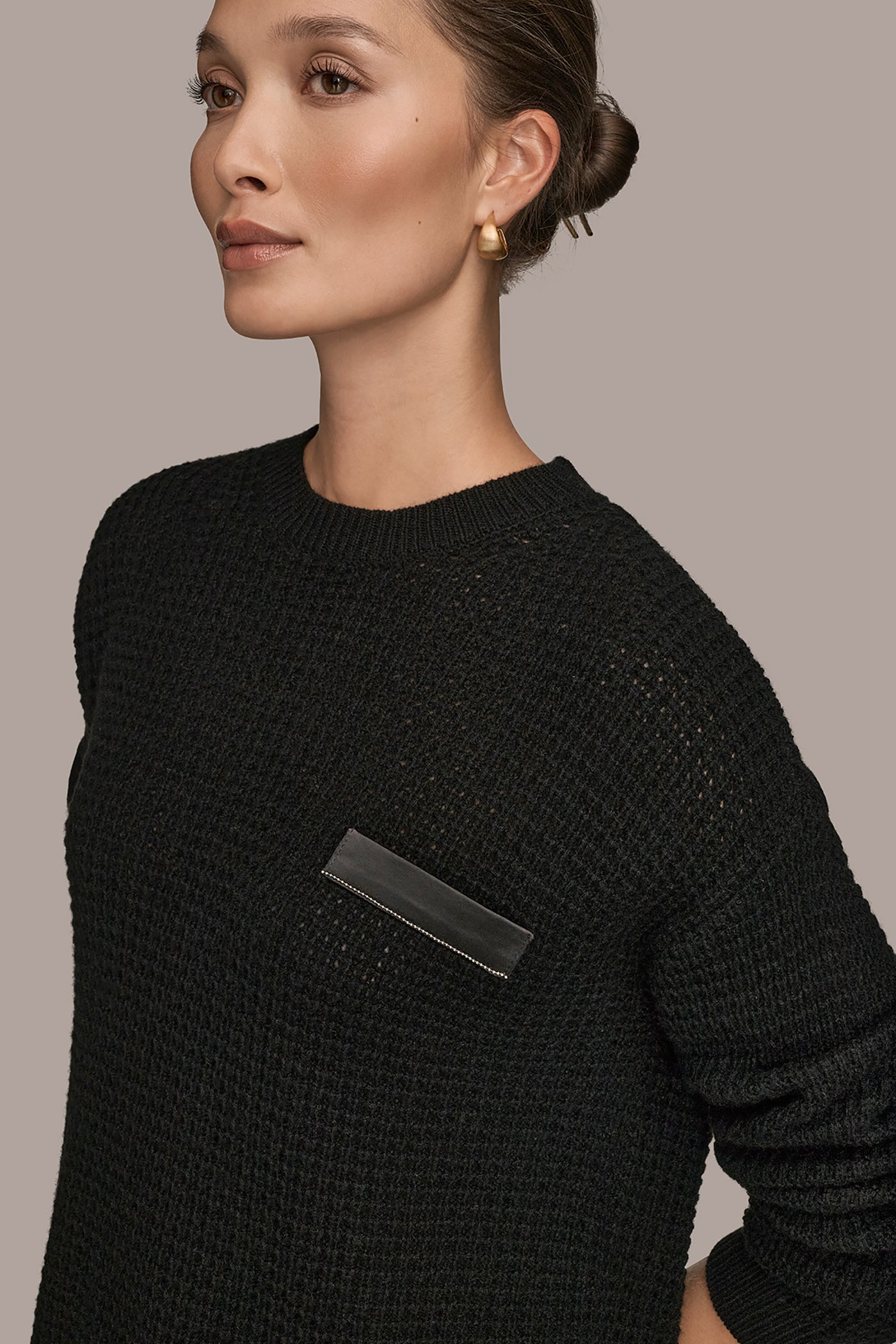 BLACK/SILVER WOOL AND CASHMERE-BLEND POCKET SWEATER Donna Karan