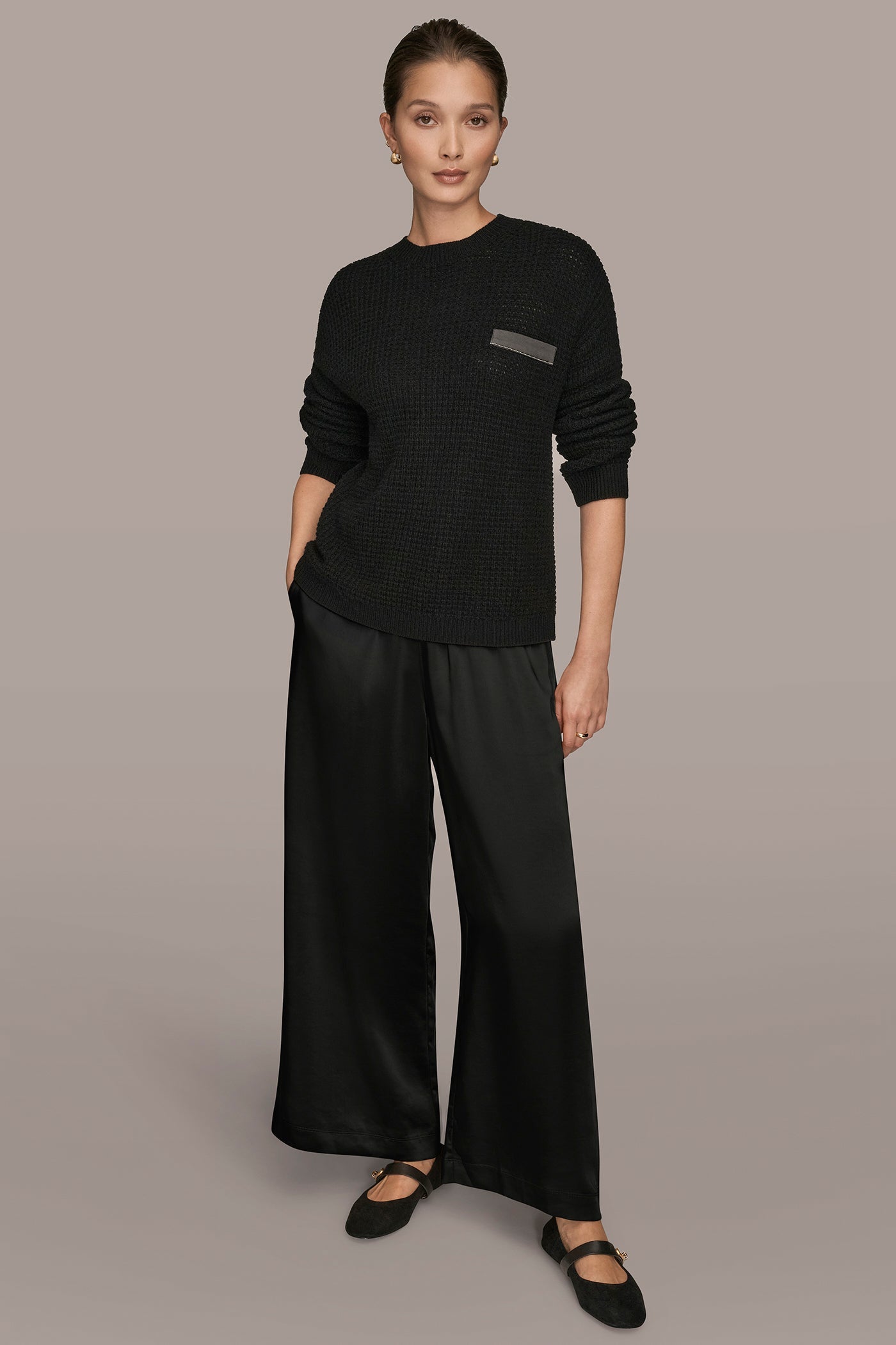 BLACK/SILVER WOOL AND CASHMERE-BLEND POCKET SWEATER Donna Karan