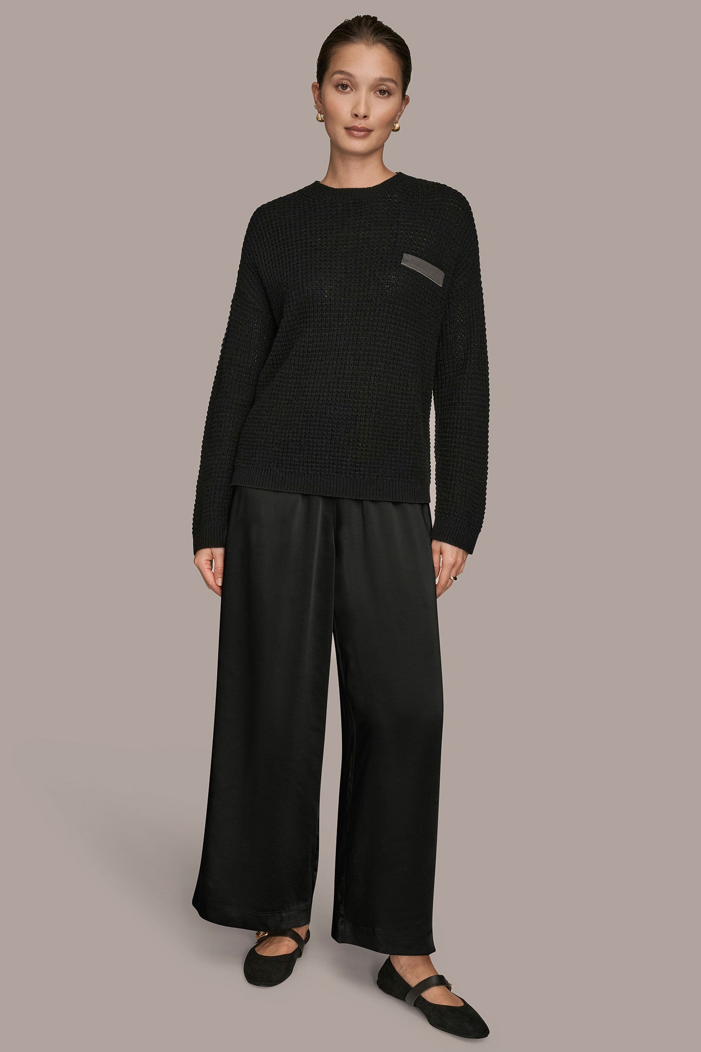 BLACK/SILVER WOOL AND CASHMERE-BLEND POCKET SWEATER Donna Karan