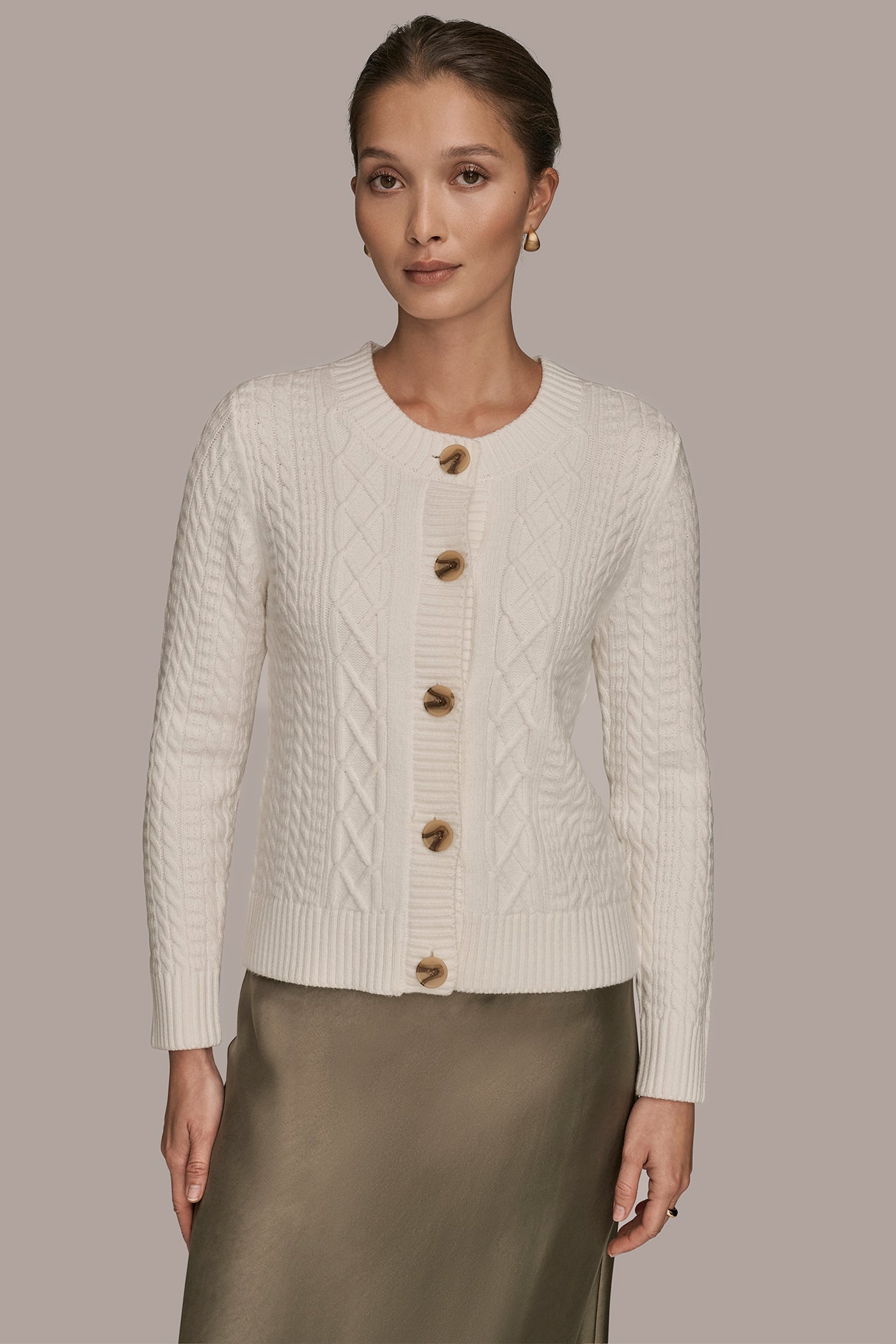 CREAM CABLE-KNIT LONG SLEEVE CARDIGAN Donna Karan