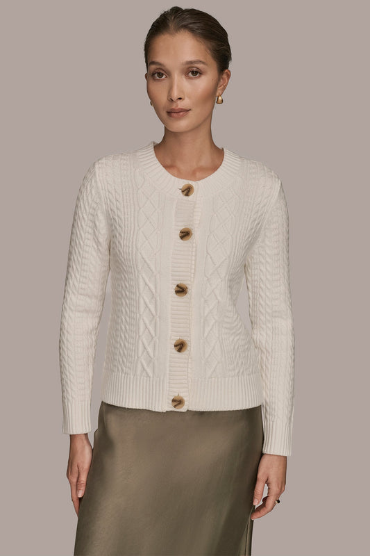 CREAM CABLE-KNIT LONG SLEEVE CARDIGAN Donna Karan