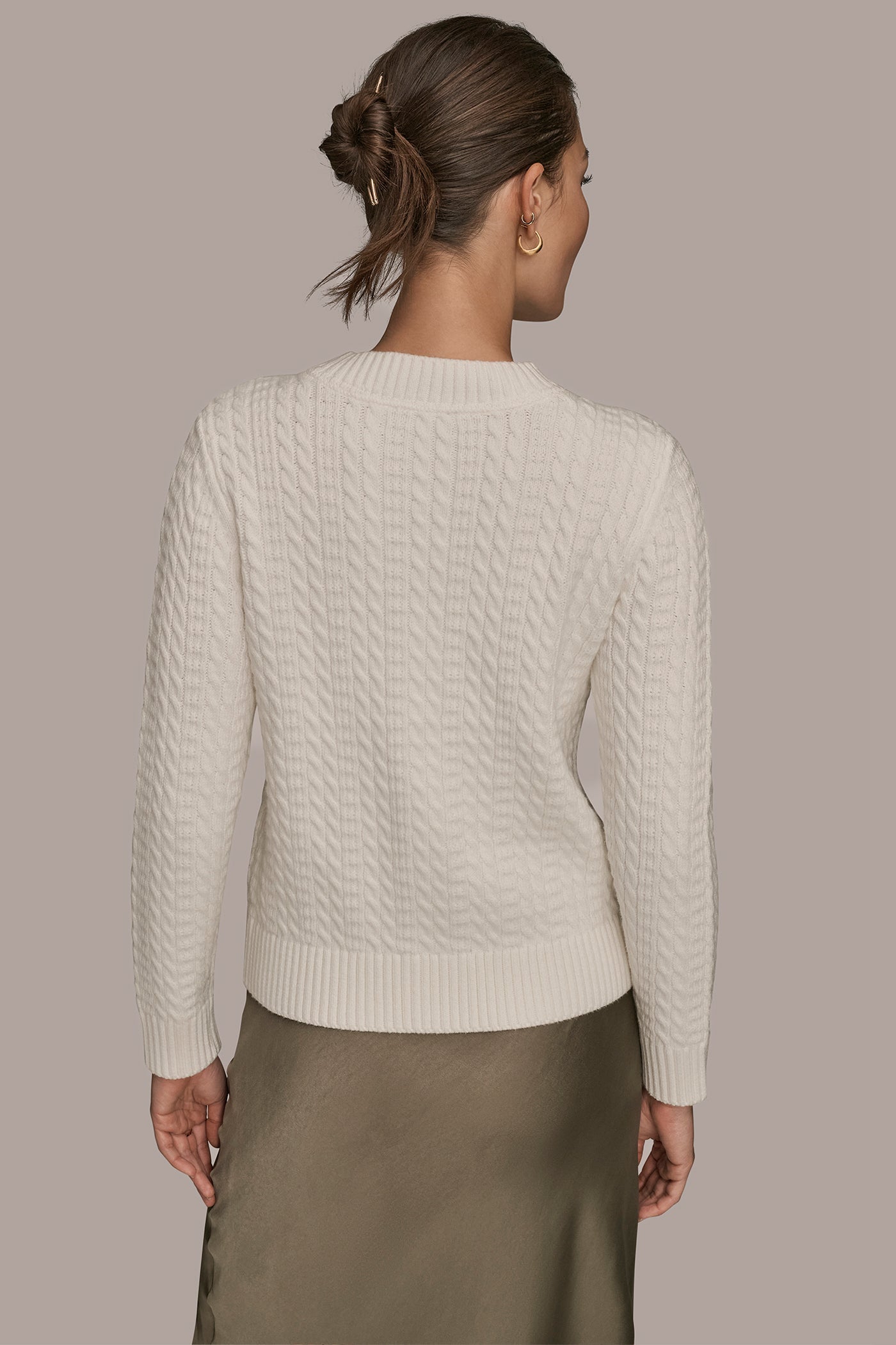 CREAM CABLE-KNIT LONG SLEEVE CARDIGAN Donna Karan