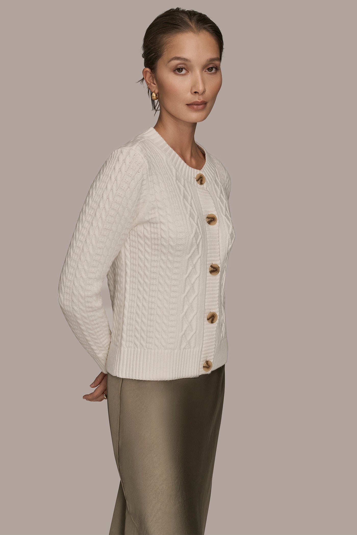 CREAM CABLE-KNIT LONG SLEEVE CARDIGAN Donna Karan