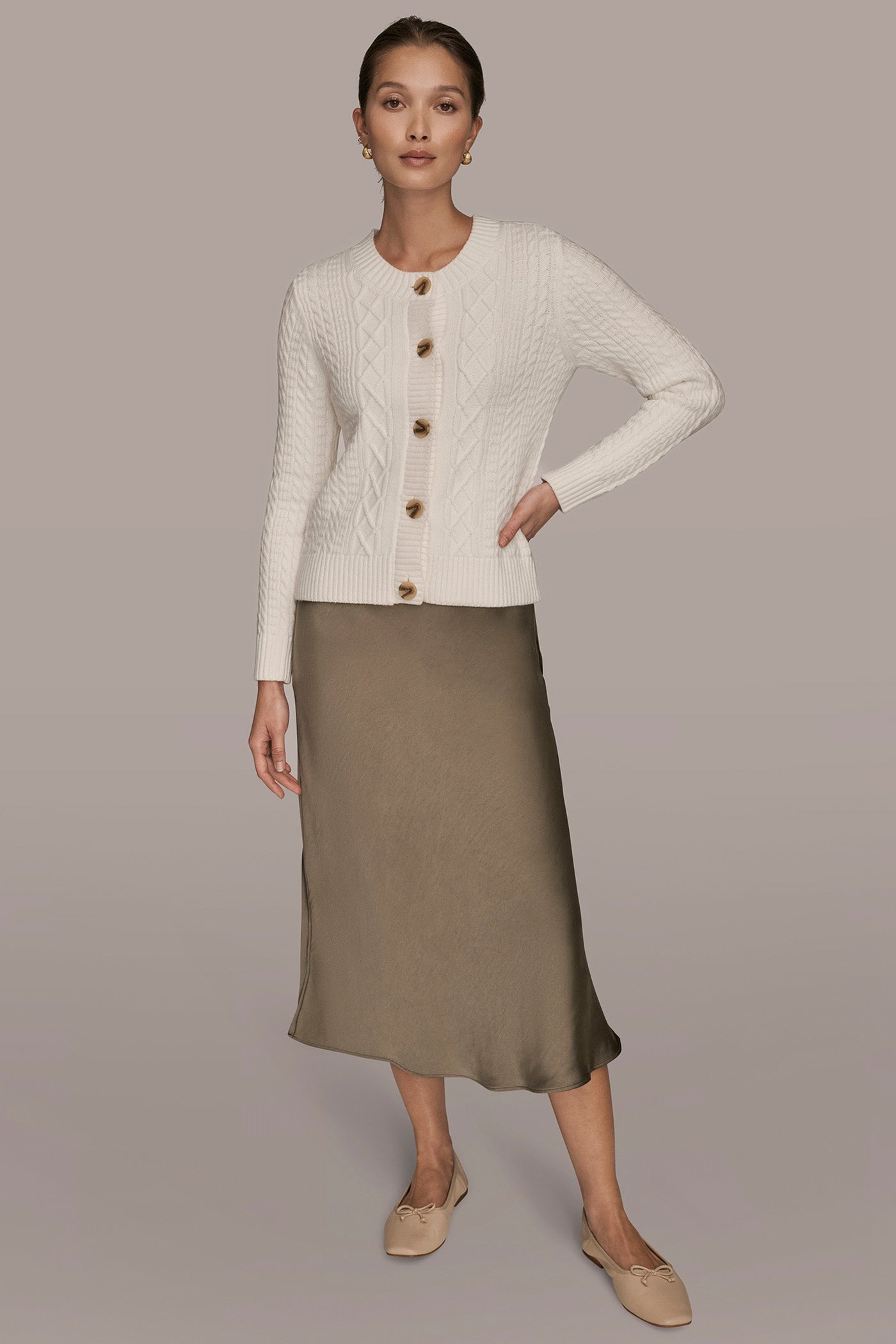 CREAM CABLE-KNIT LONG SLEEVE CARDIGAN Donna Karan