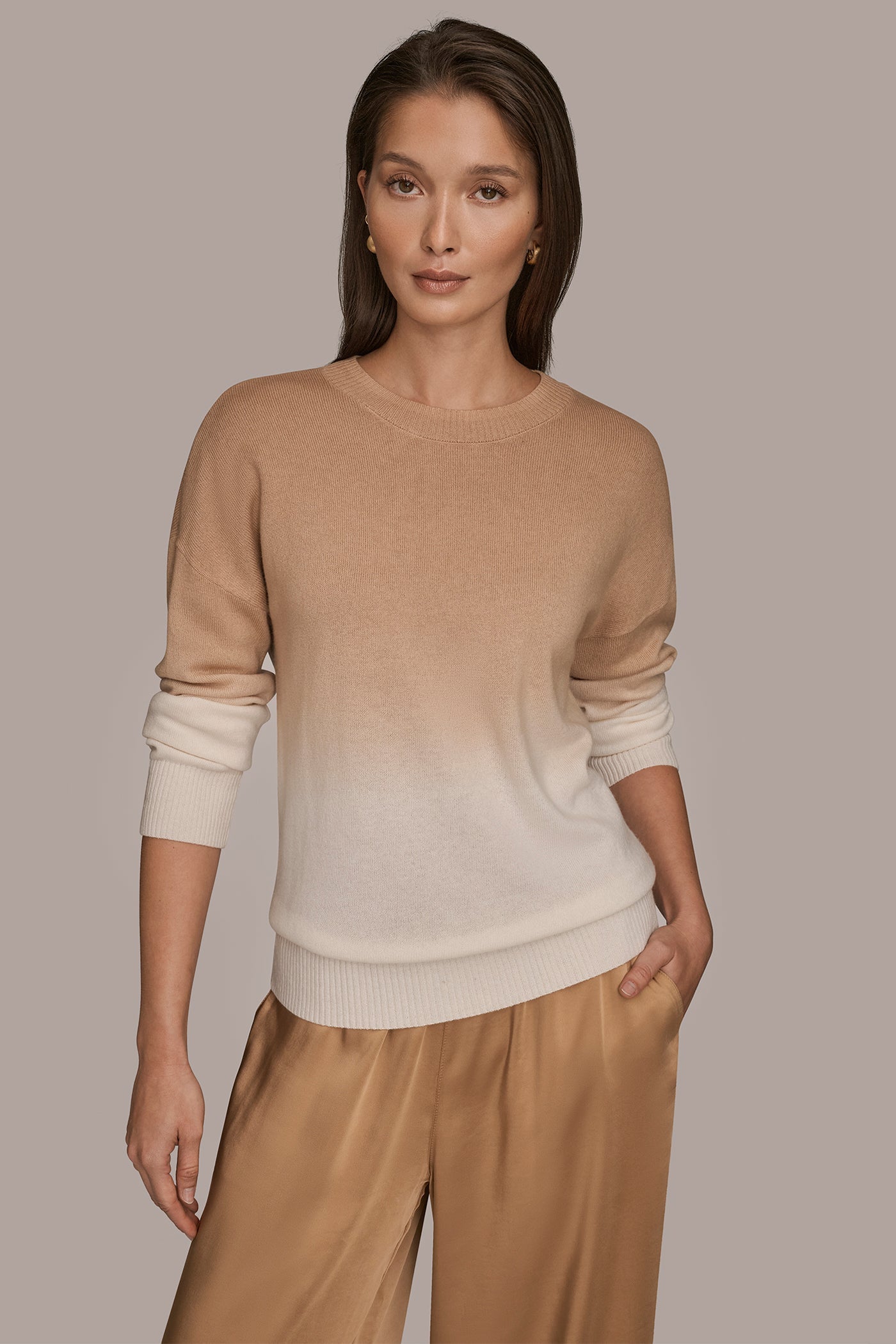CREAM/FAWN WOOL AND CASHMERE-BLEND DIP-DYED SWEATER Donna Karan
