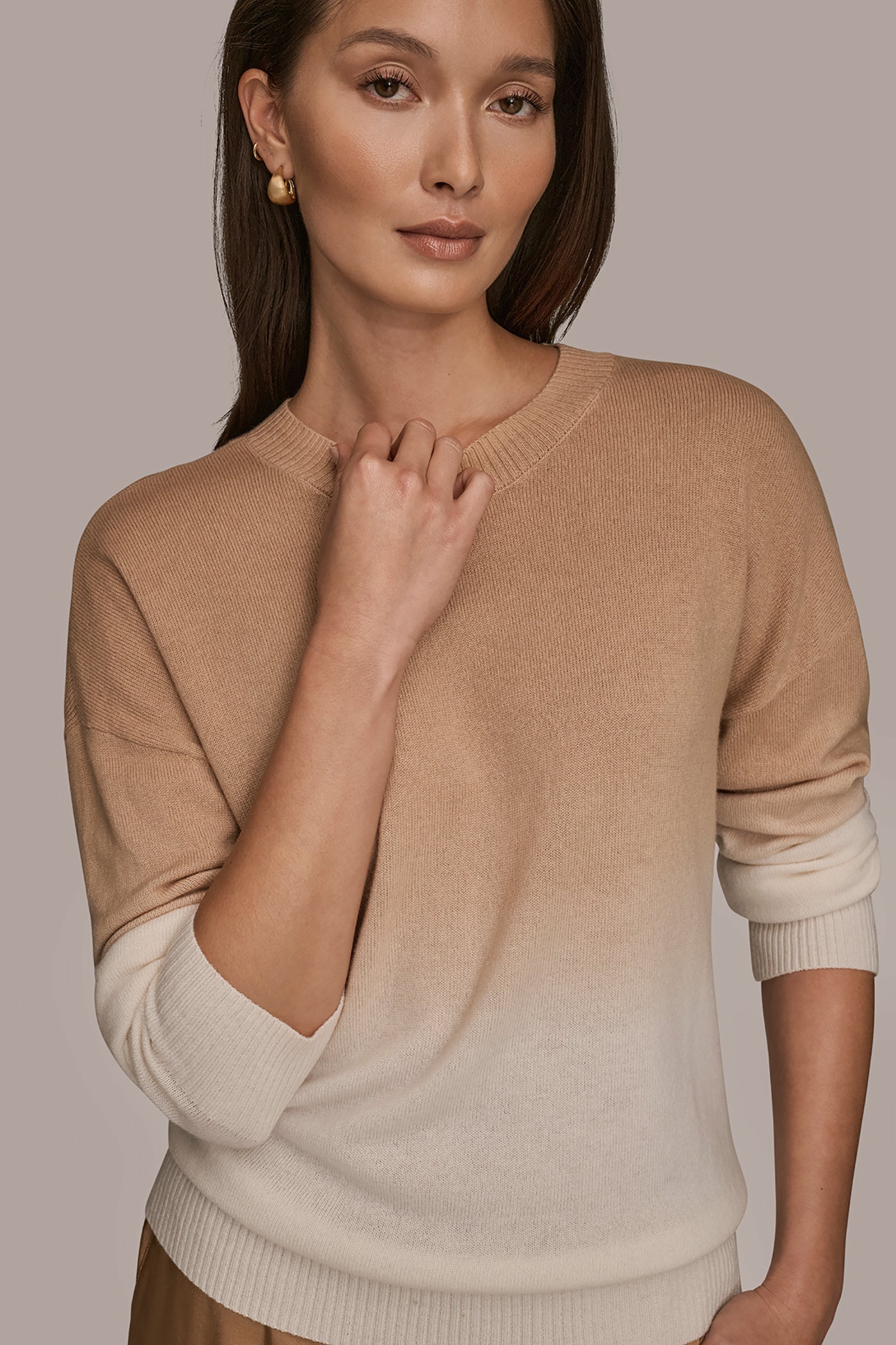 CREAM/FAWN WOOL AND CASHMERE-BLEND DIP-DYED SWEATER Donna Karan