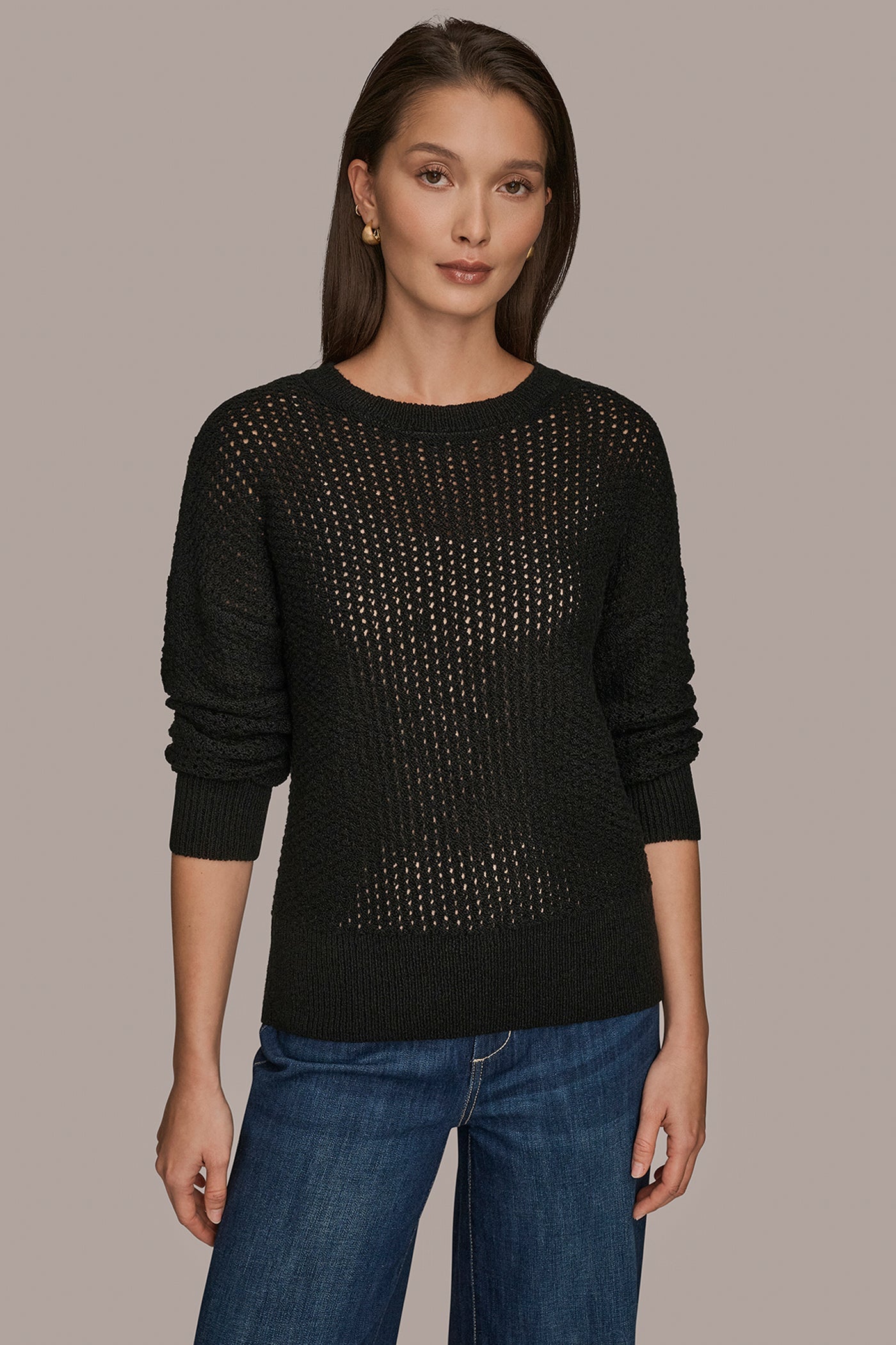 Black LONG SLEEVE OPEN STITCH SWEATER Donna Karan