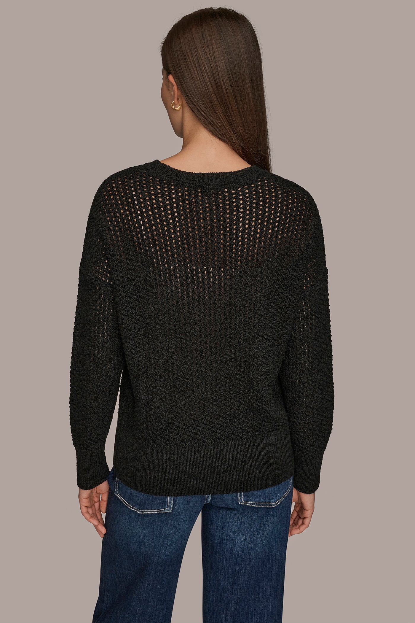 Black LONG SLEEVE OPEN STITCH SWEATER Donna Karan
