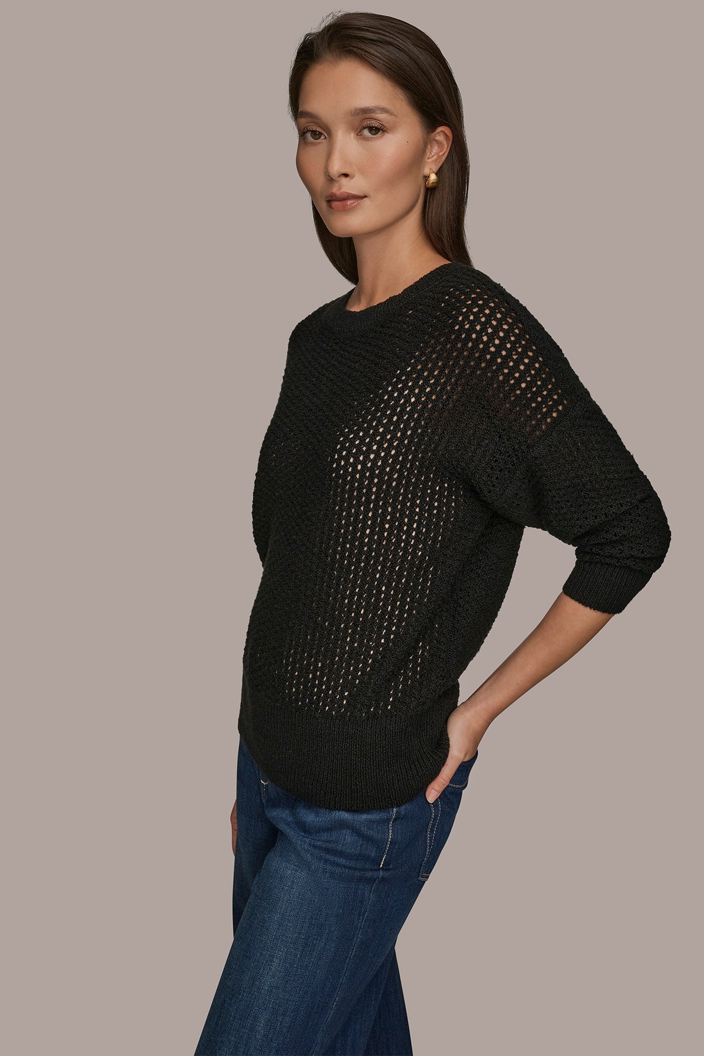 Black LONG SLEEVE OPEN STITCH SWEATER Donna Karan