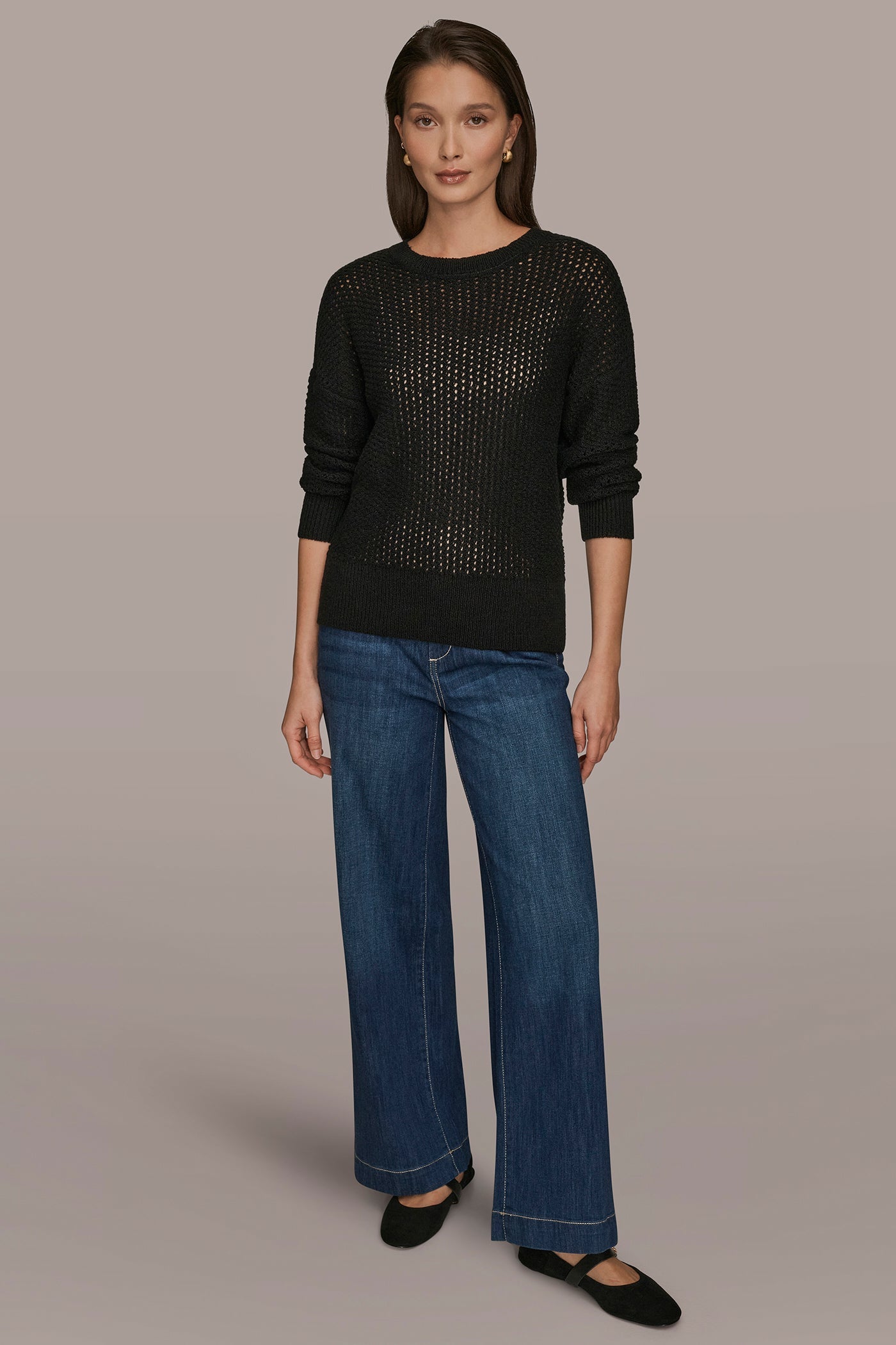 Black LONG SLEEVE OPEN STITCH SWEATER Donna Karan