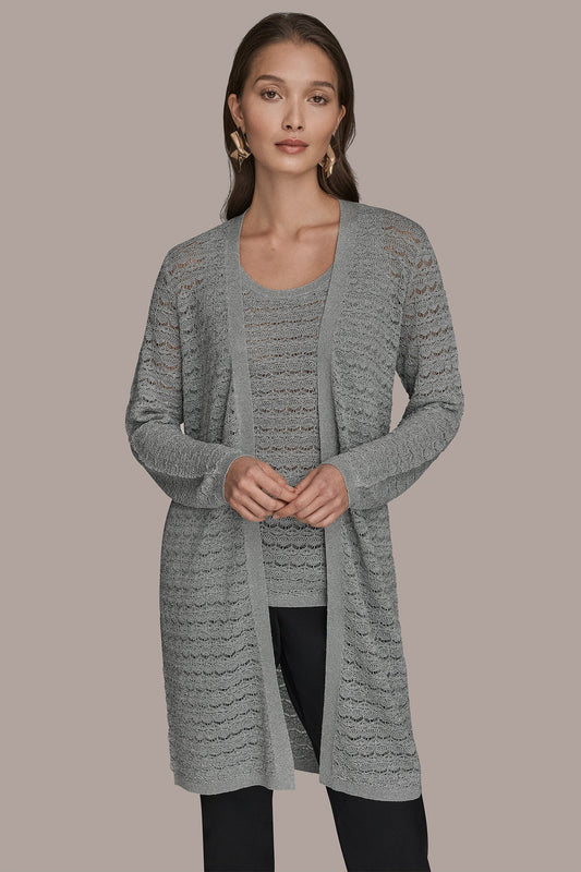 VAPOR METALLIC POINTELLE LONG OPEN CARDIGAN Donna Karan