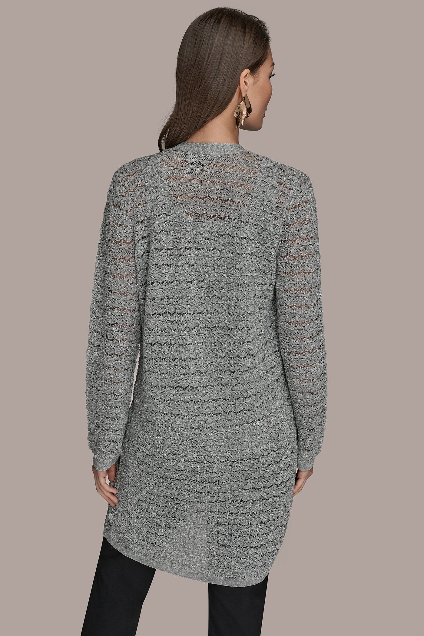 VAPOR METALLIC POINTELLE LONG OPEN CARDIGAN Donna Karan