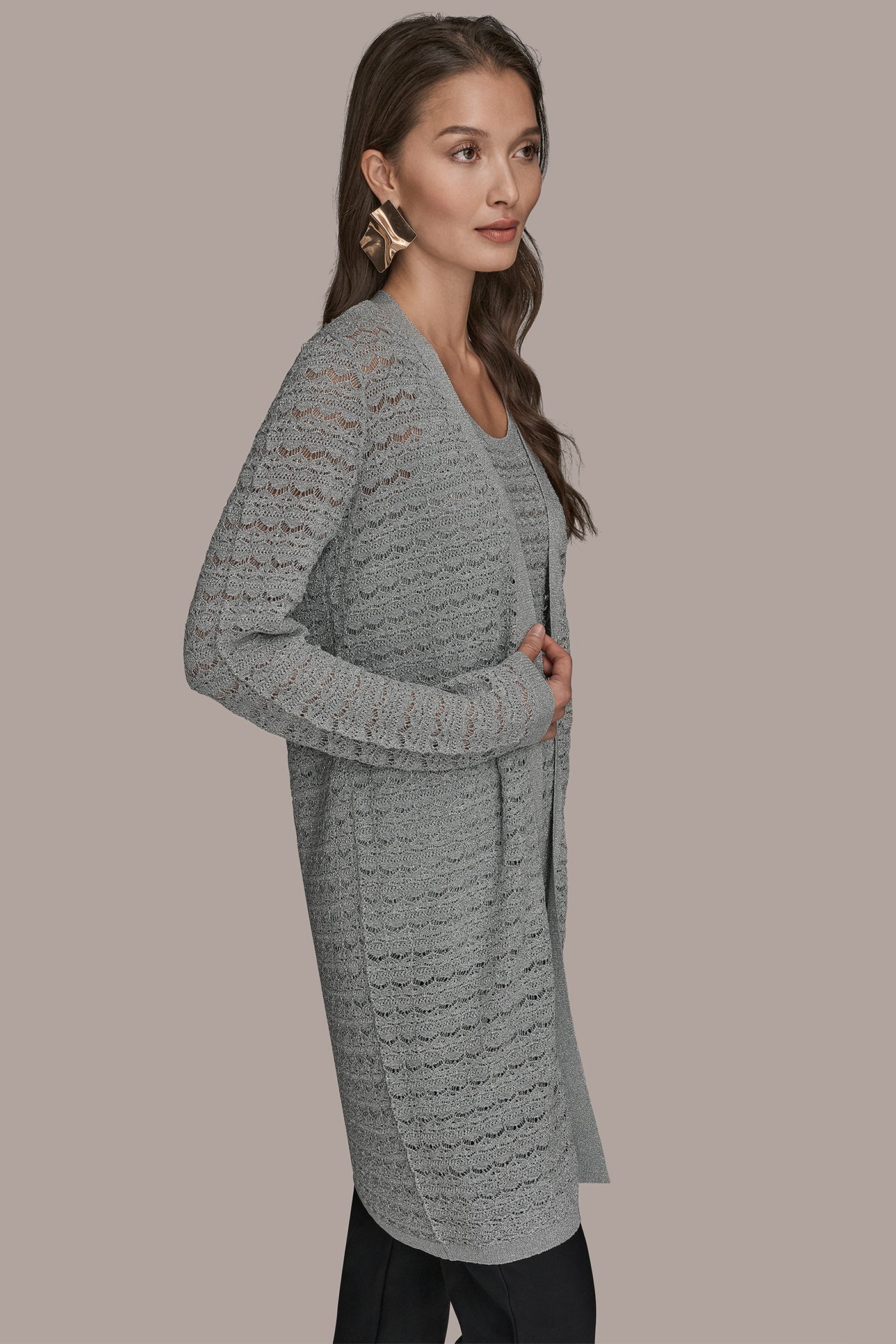 VAPOR METALLIC POINTELLE LONG OPEN CARDIGAN Donna Karan