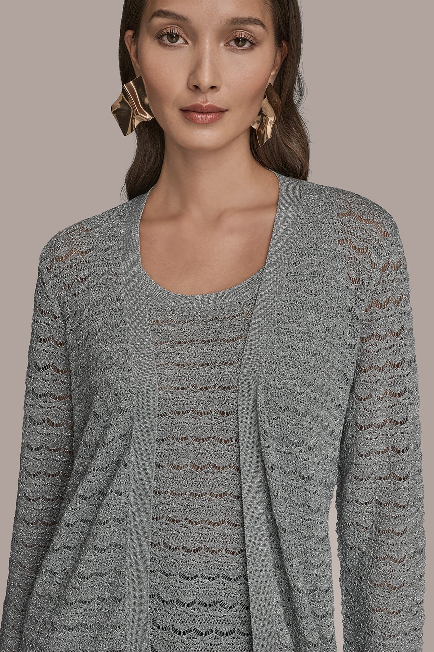 VAPOR METALLIC POINTELLE LONG OPEN CARDIGAN Donna Karan