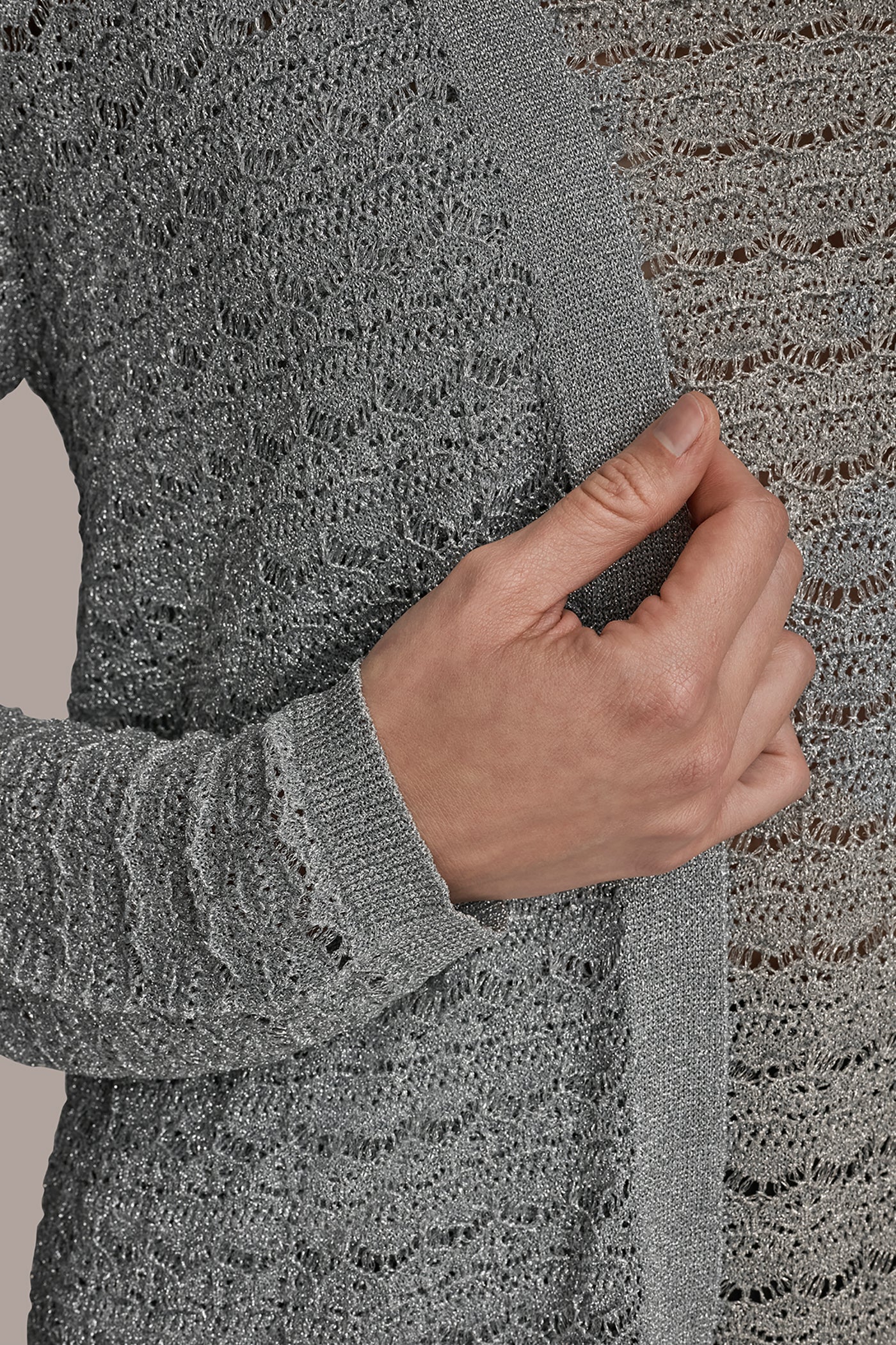 VAPOR METALLIC POINTELLE LONG OPEN CARDIGAN Donna Karan