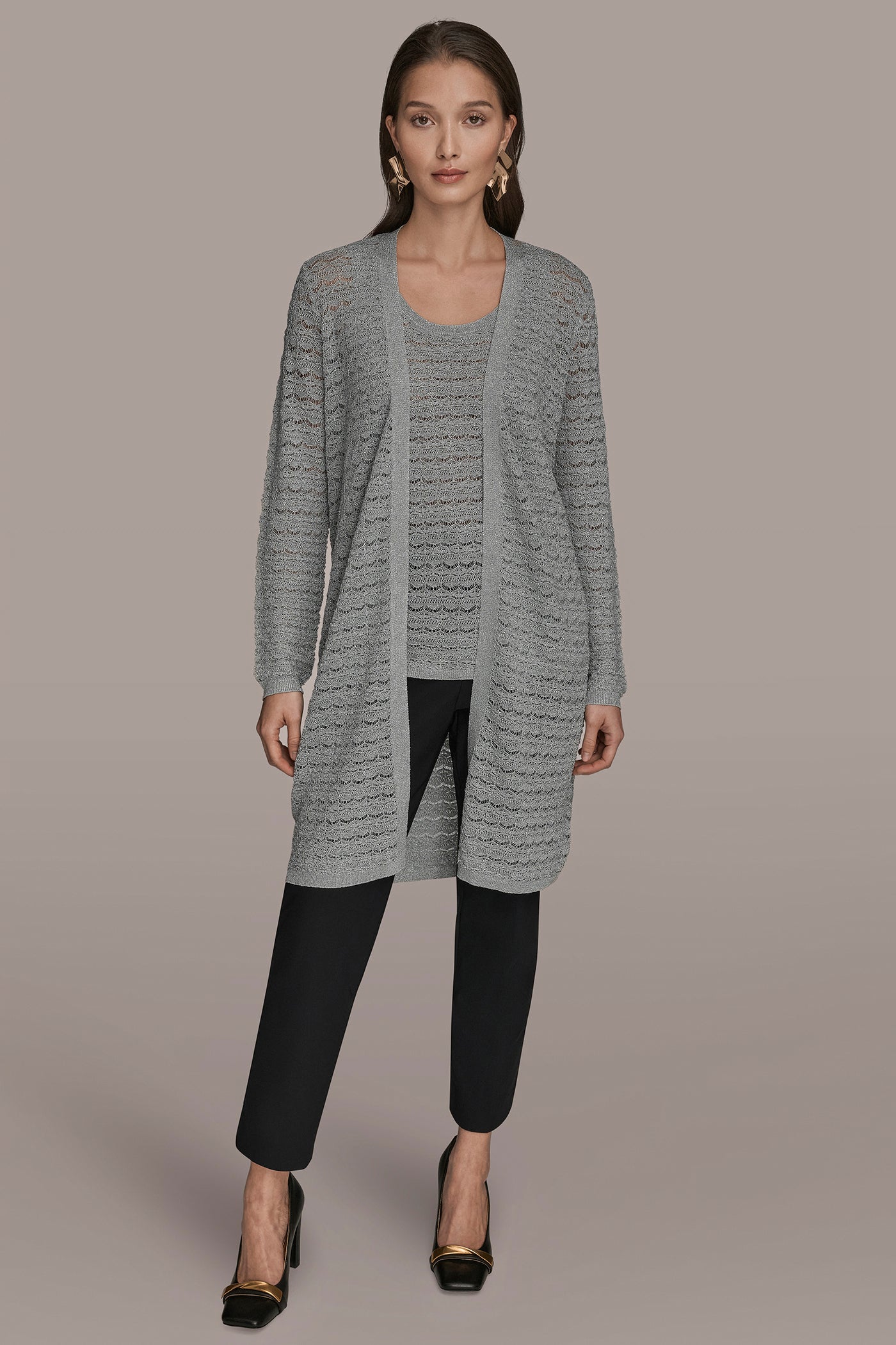 VAPOR METALLIC POINTELLE LONG OPEN CARDIGAN Donna Karan