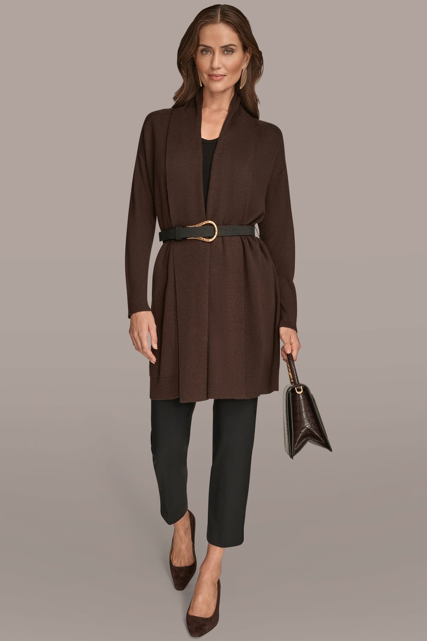 CHOCOLATE PLUM V-NECK LONG CARDIGAN Donna Karan