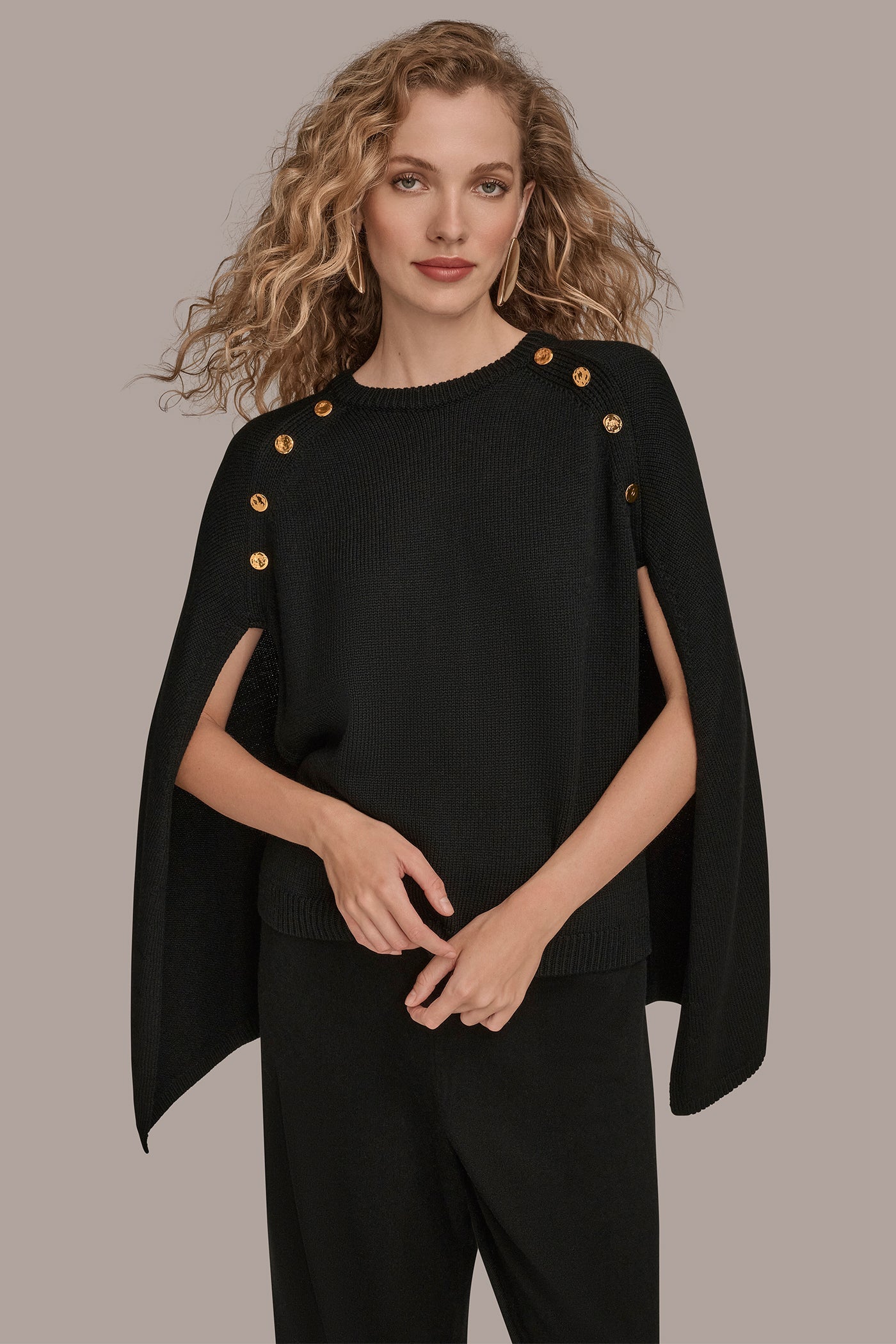Black CAPE-EFFECT BUTTON SWEATER Donna Karan