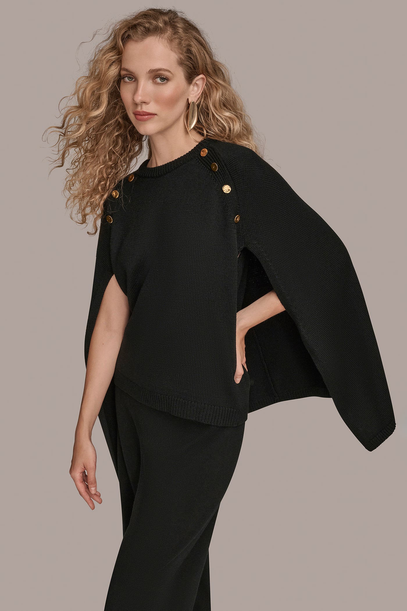 Black CAPE-EFFECT BUTTON SWEATER Donna Karan