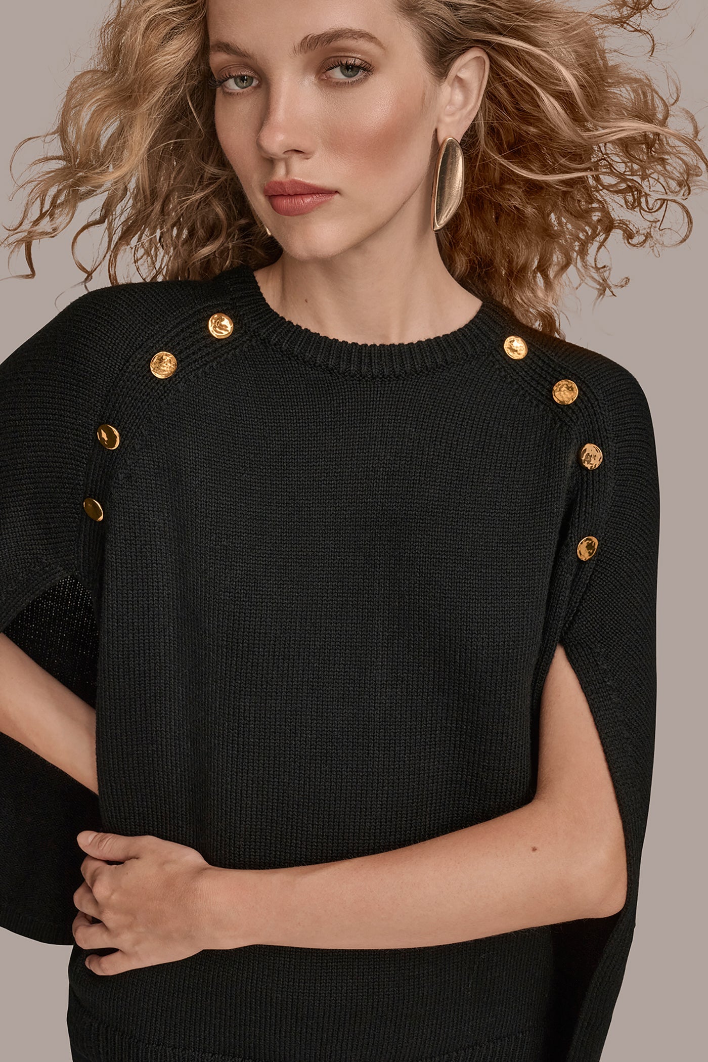 Black CAPE-EFFECT BUTTON SWEATER Donna Karan