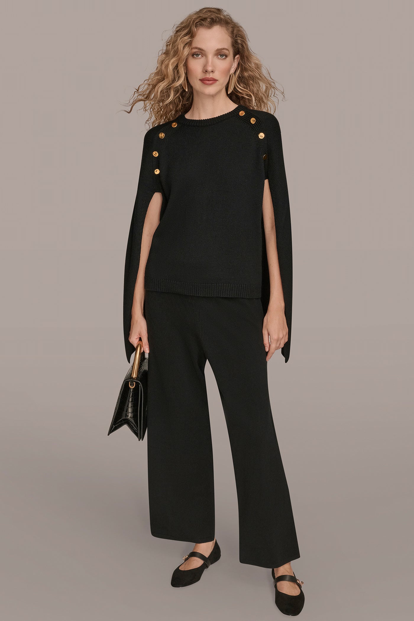 Black CAPE-EFFECT BUTTON SWEATER Donna Karan