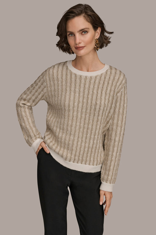 IVORY/GOLD METALLIC TWO-TONE CABLE-KNIT SWEATER Donna Karan