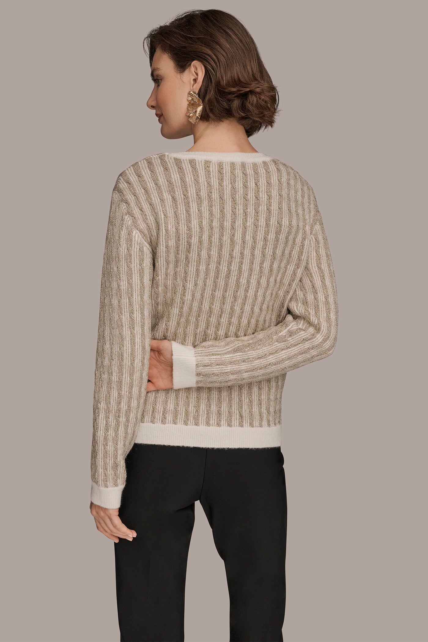 IVORY/GOLD METALLIC TWO-TONE CABLE-KNIT SWEATER Donna Karan