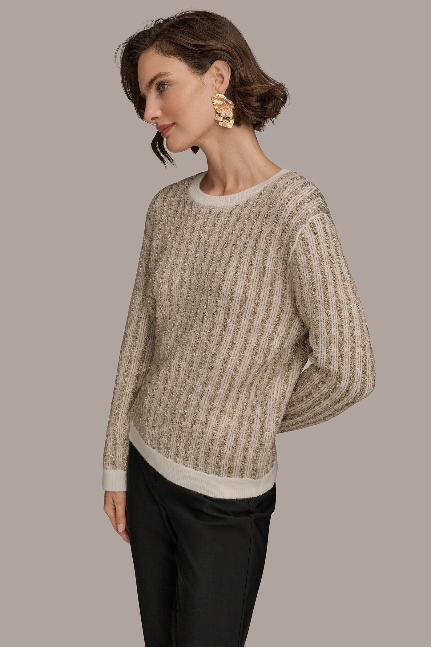 IVORY/GOLD METALLIC TWO-TONE CABLE-KNIT SWEATER Donna Karan