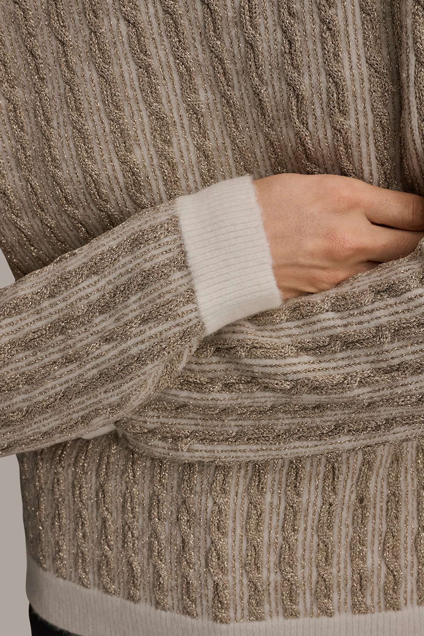 IVORY/GOLD METALLIC TWO-TONE CABLE-KNIT SWEATER Donna Karan