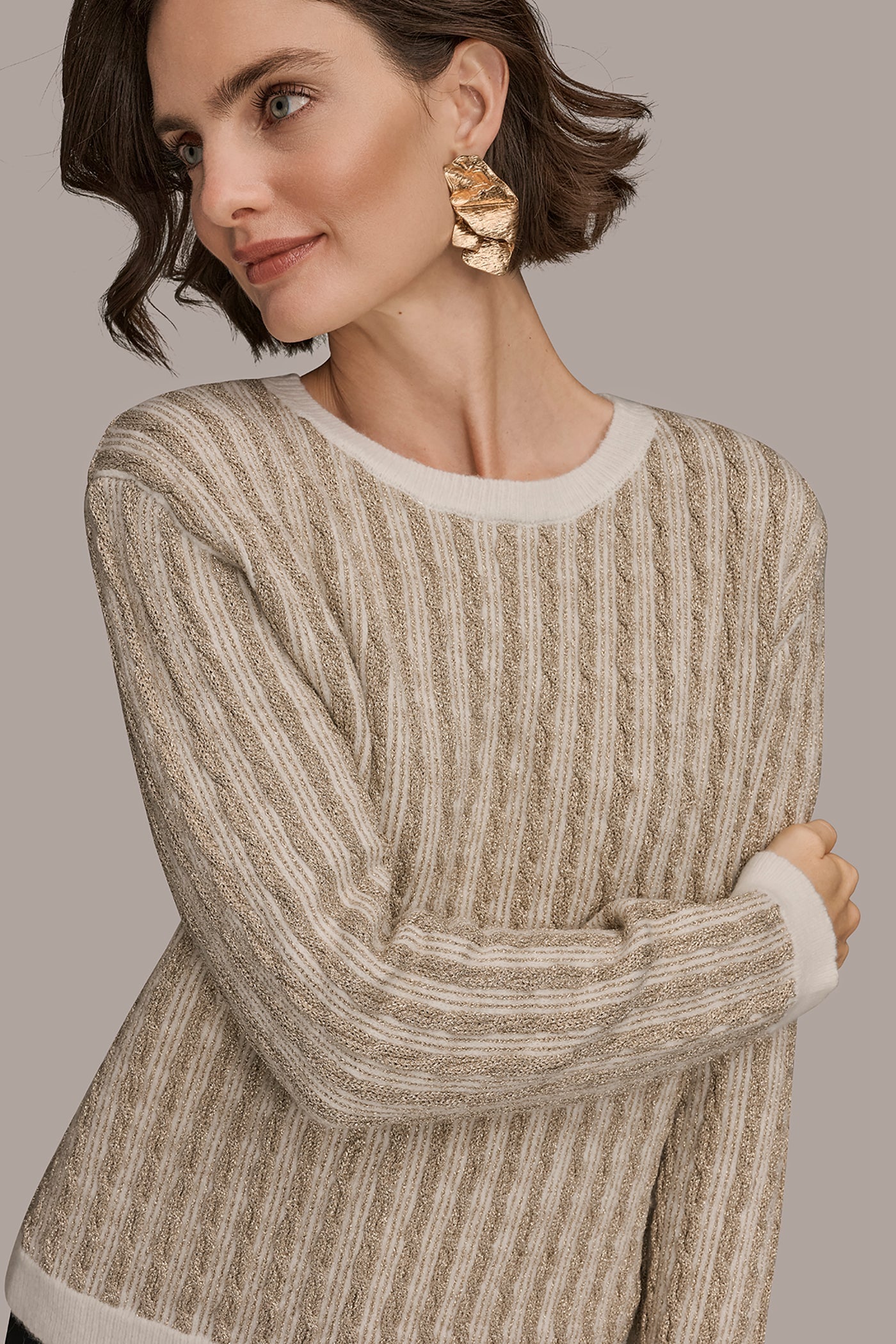 IVORY/GOLD METALLIC TWO-TONE CABLE-KNIT SWEATER Donna Karan