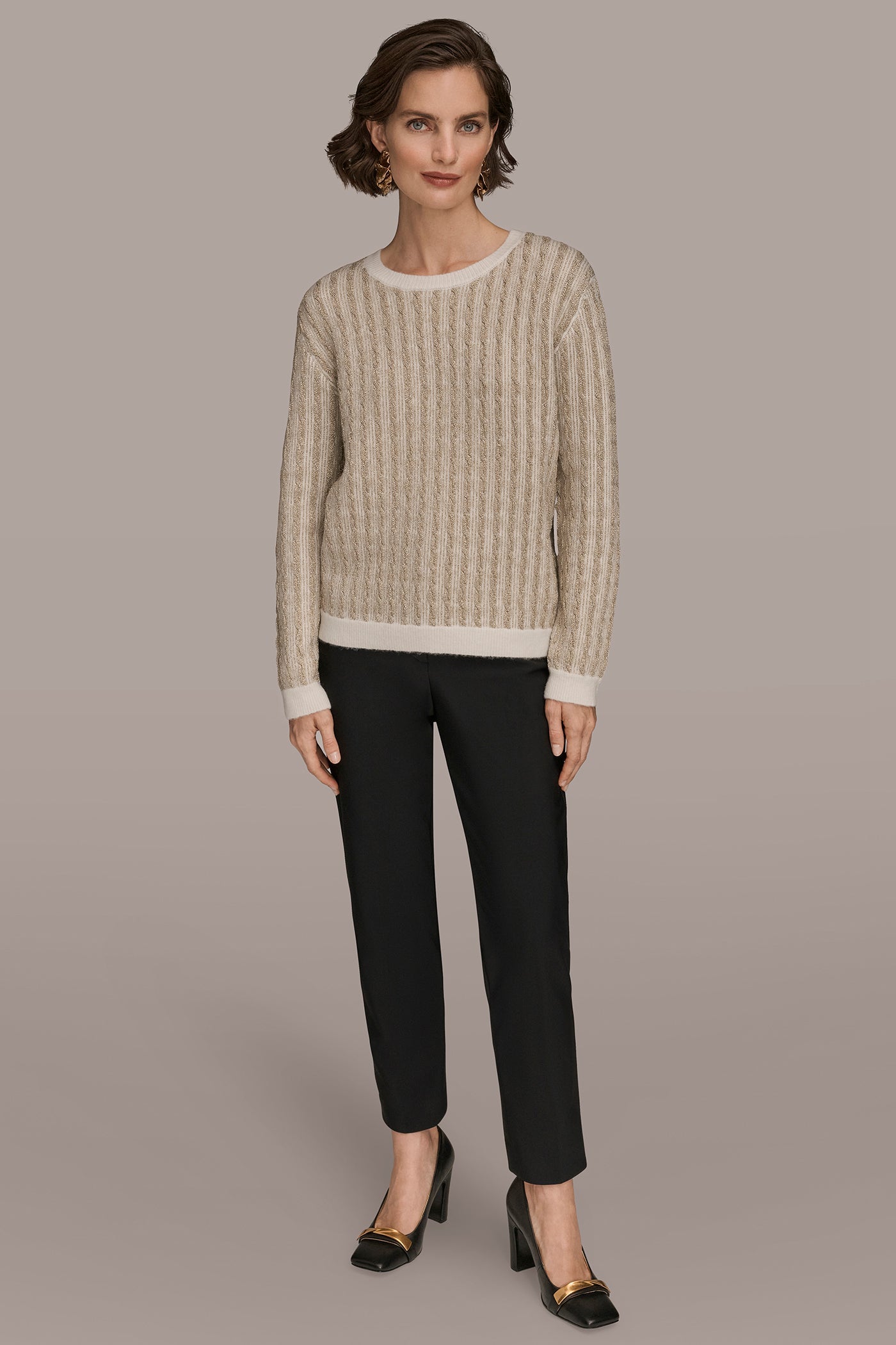 IVORY/GOLD METALLIC TWO-TONE CABLE-KNIT SWEATER Donna Karan