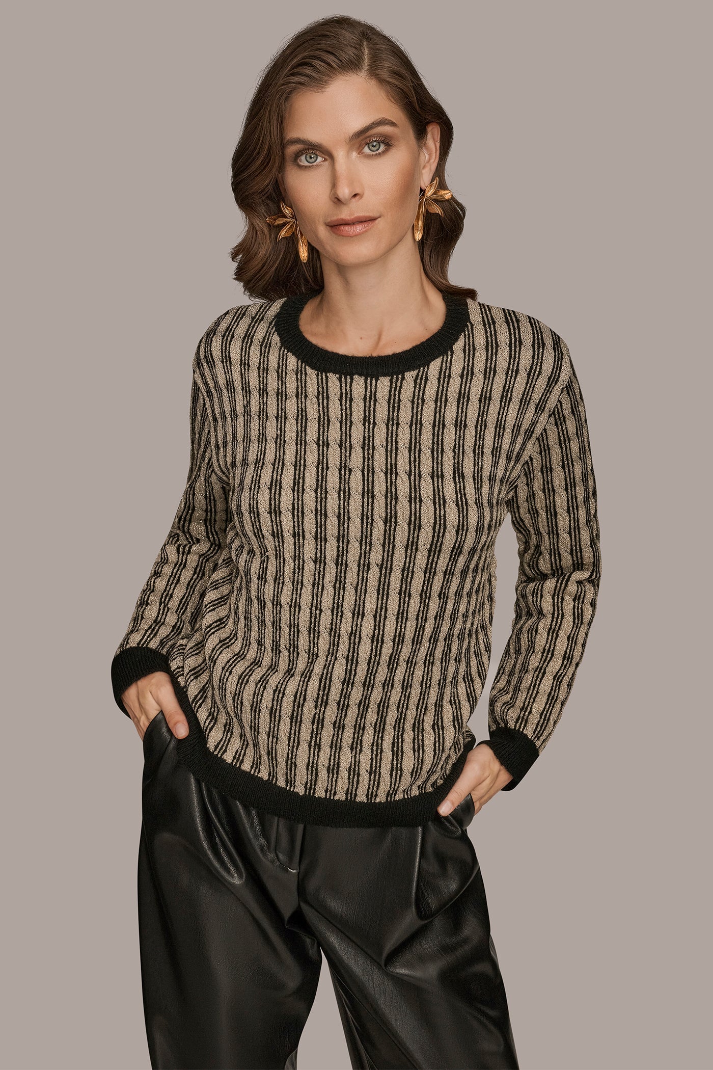 BLACK/GOLD METALLIC METALLIC TWO-TONE CABLE-KNIT SWEATER Donna Karan