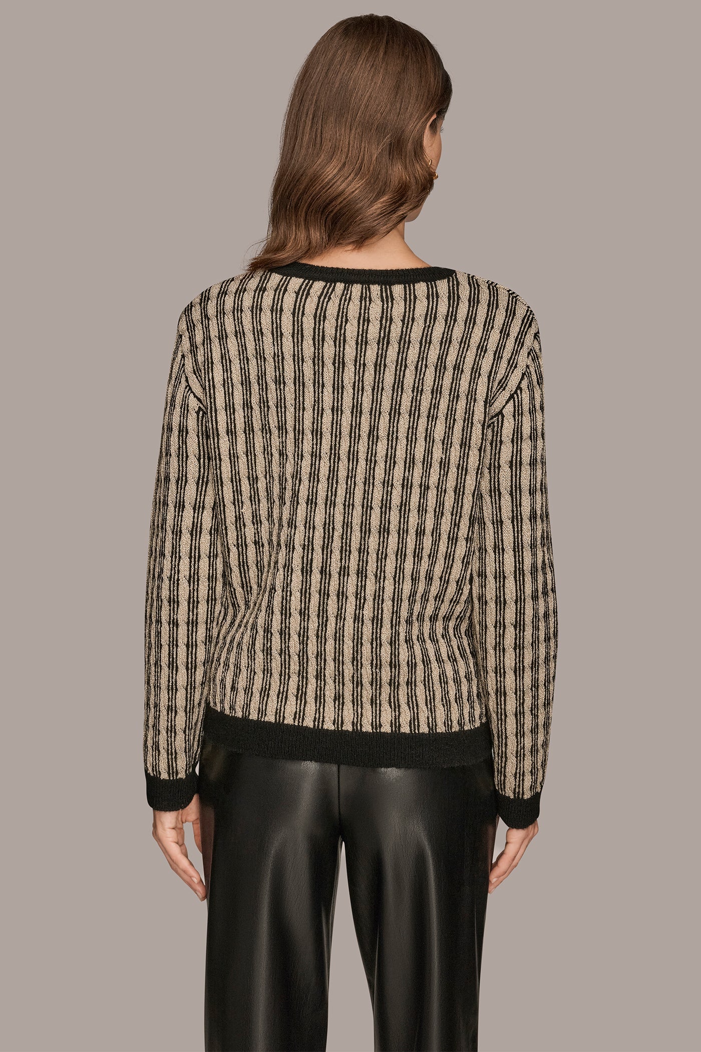BLACK/GOLD METALLIC METALLIC TWO-TONE CABLE-KNIT SWEATER Donna Karan