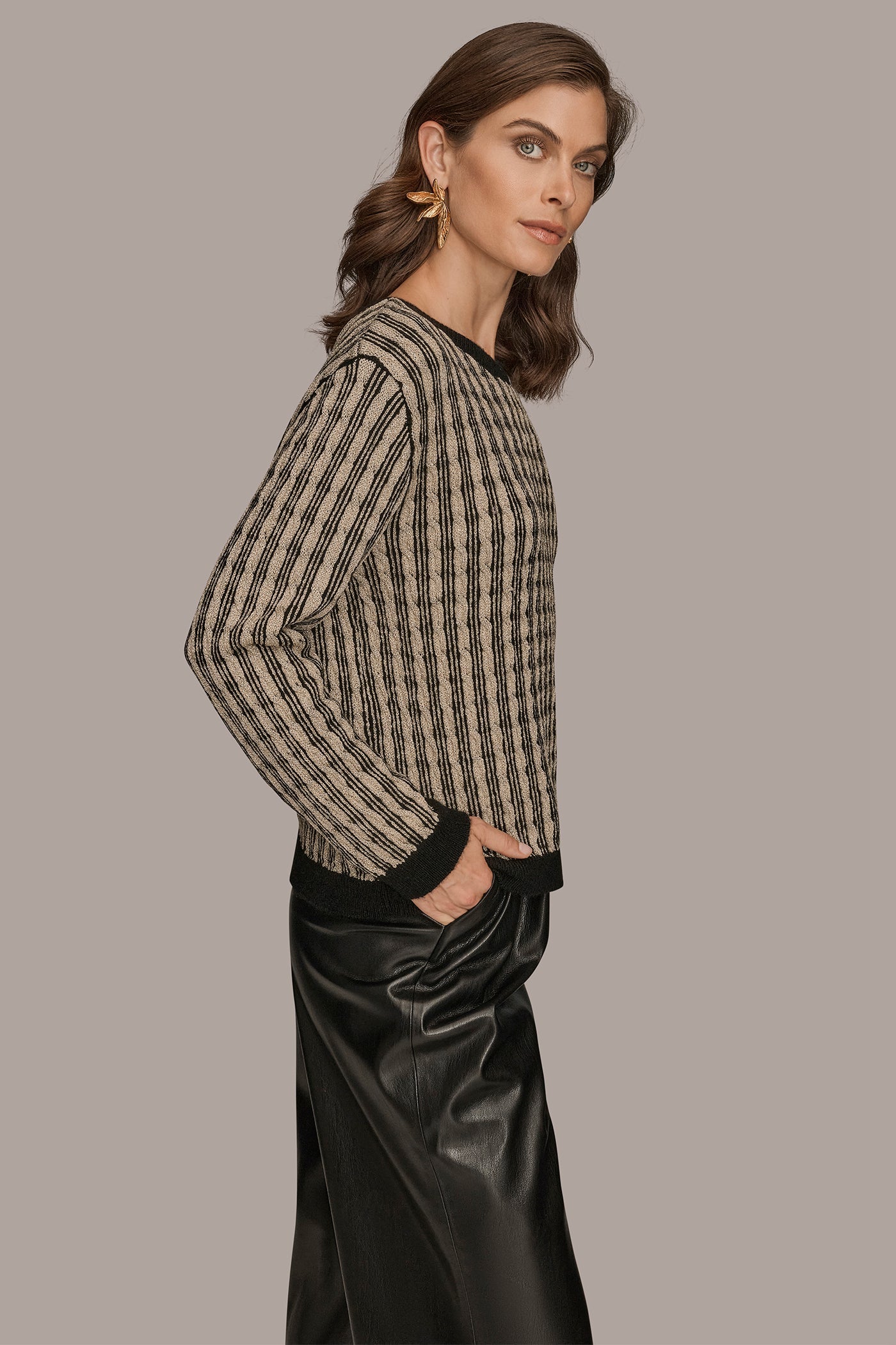 BLACK/GOLD METALLIC METALLIC TWO-TONE CABLE-KNIT SWEATER Donna Karan