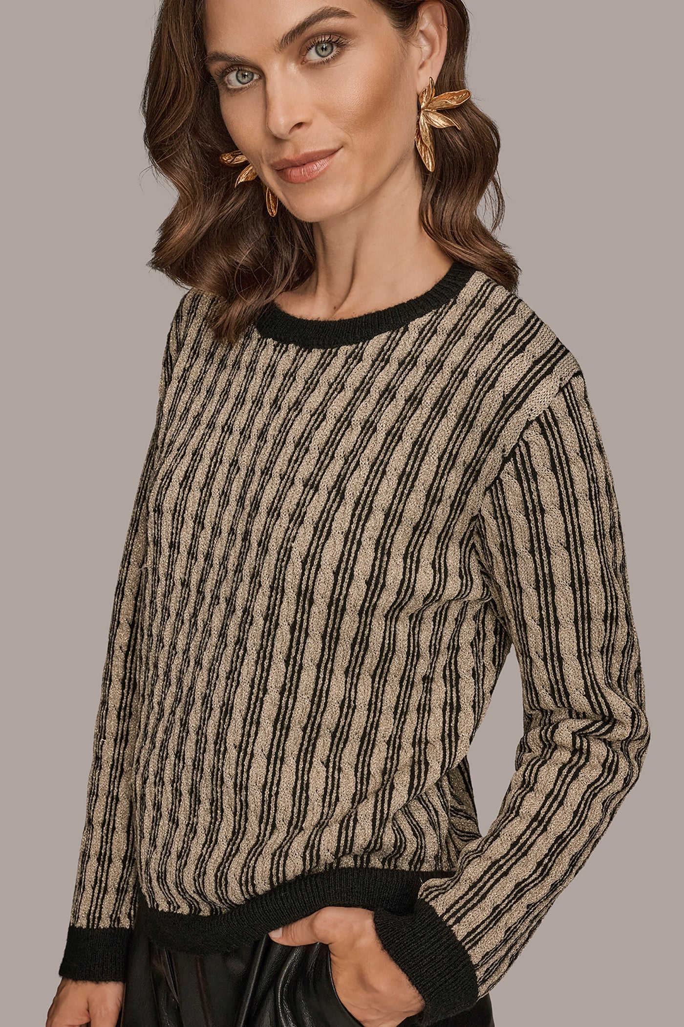 BLACK/GOLD METALLIC METALLIC TWO-TONE CABLE-KNIT SWEATER Donna Karan