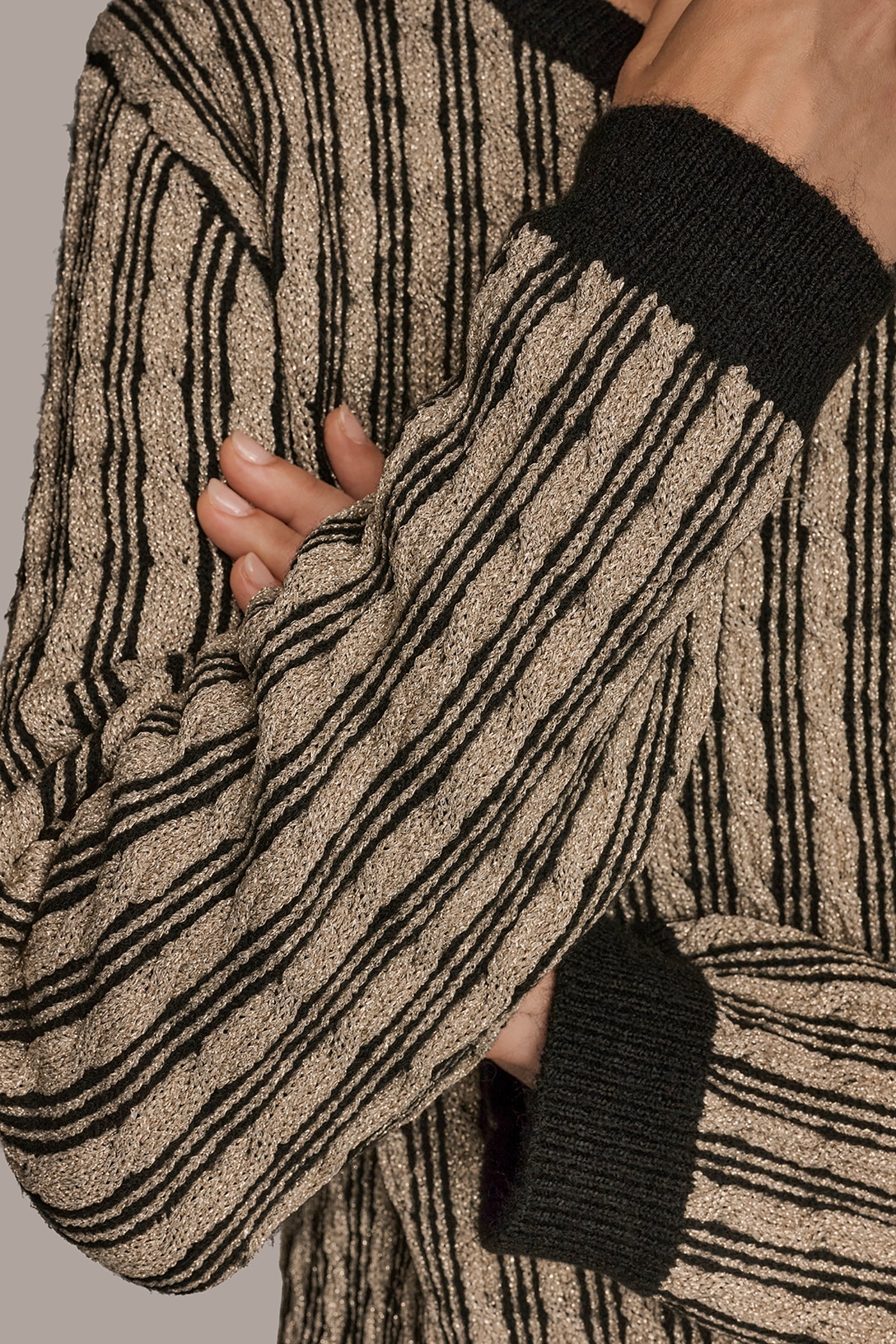 BLACK/GOLD METALLIC METALLIC TWO-TONE CABLE-KNIT SWEATER Donna Karan
