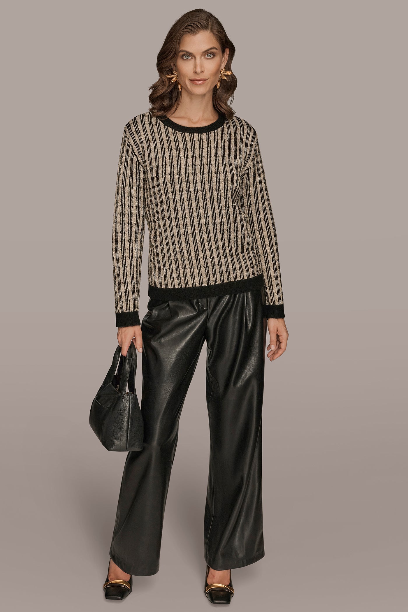 BLACK/GOLD METALLIC METALLIC TWO-TONE CABLE-KNIT SWEATER Donna Karan