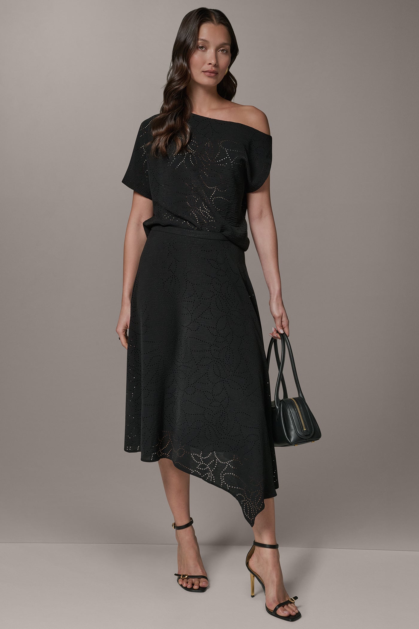 Black LASER CUT ASYMMETRIC MIDI SKIRT Donna Karan