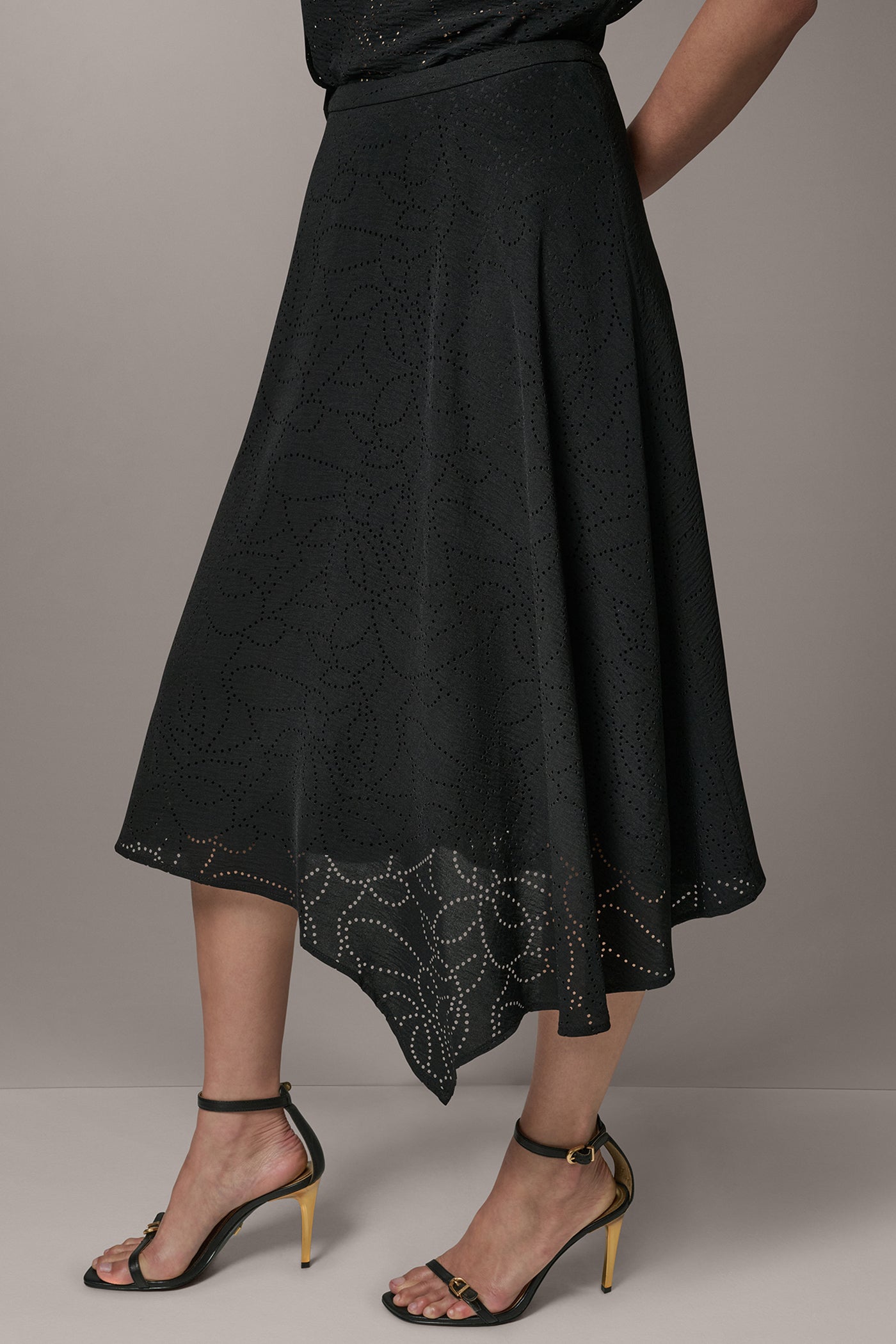 Black LASER CUT ASYMMETRIC MIDI SKIRT Donna Karan