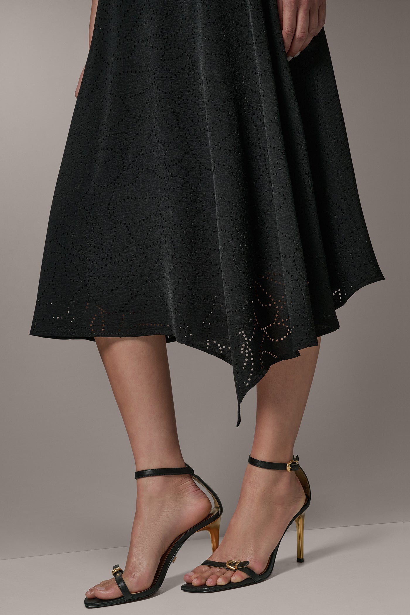 Black LASER CUT ASYMMETRIC MIDI SKIRT Donna Karan