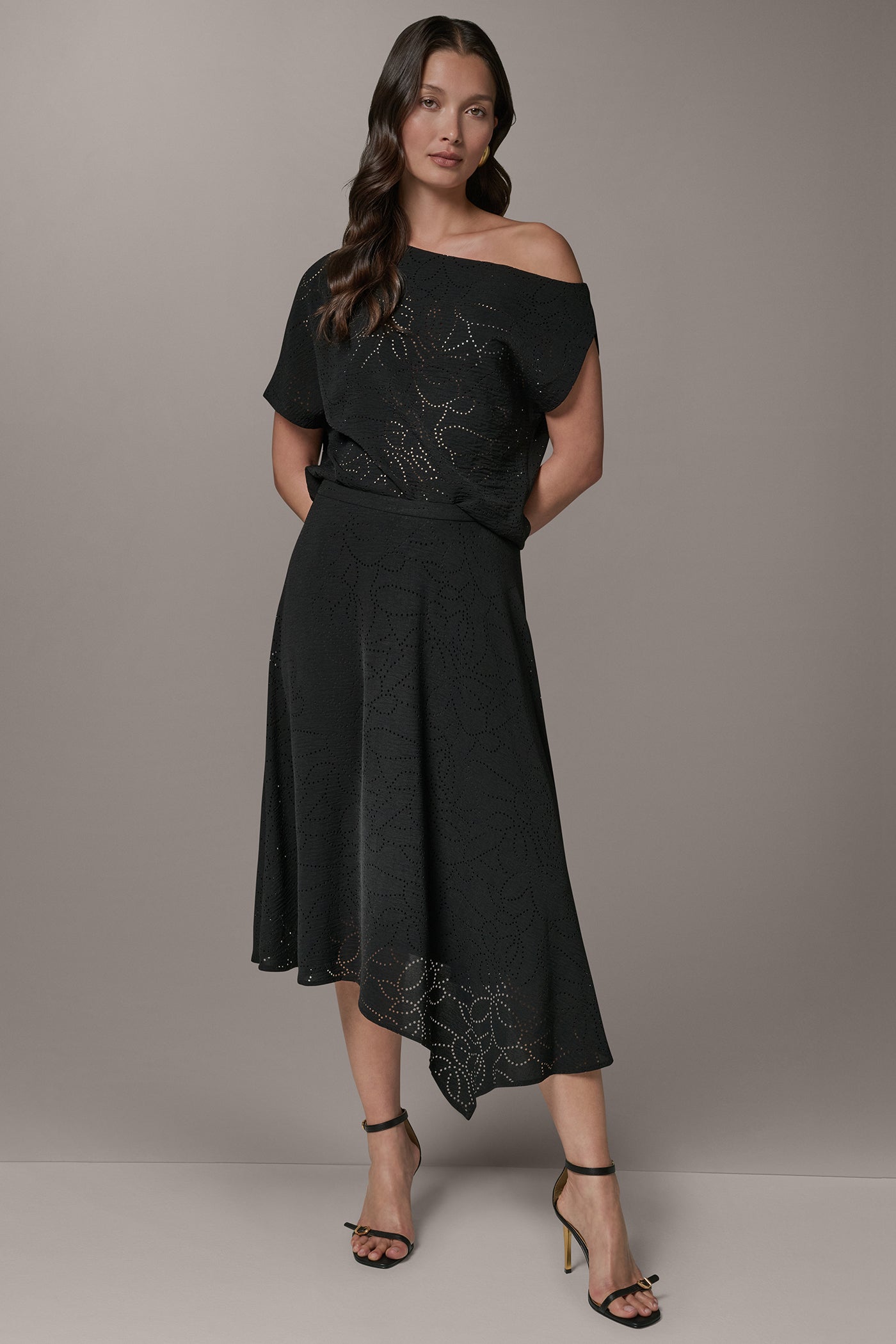 Black LASER CUT ASYMMETRIC MIDI SKIRT Donna Karan