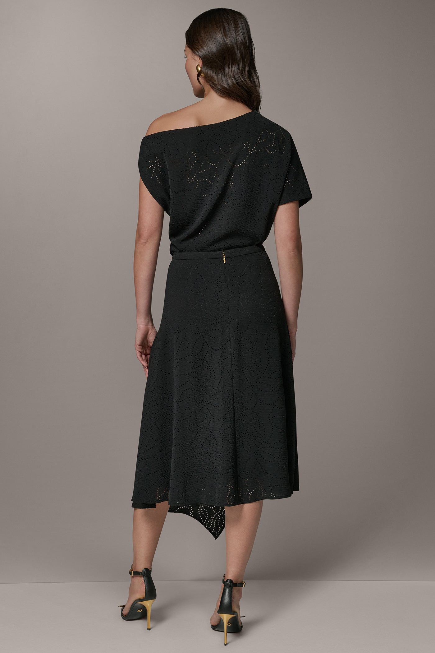 Black LASER CUT ASYMMETRIC MIDI SKIRT Donna Karan