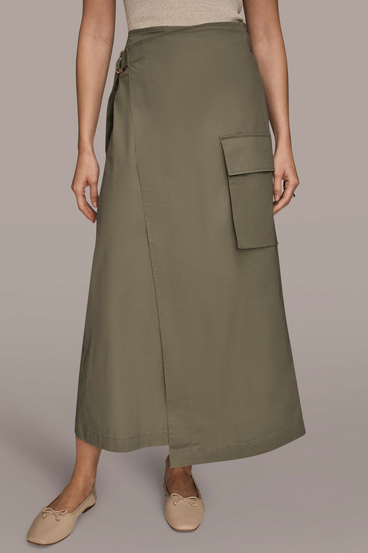 KHAKI GREEN ASYMMETRIC MIDI WRAP CARGO SKIRT Donna Karan