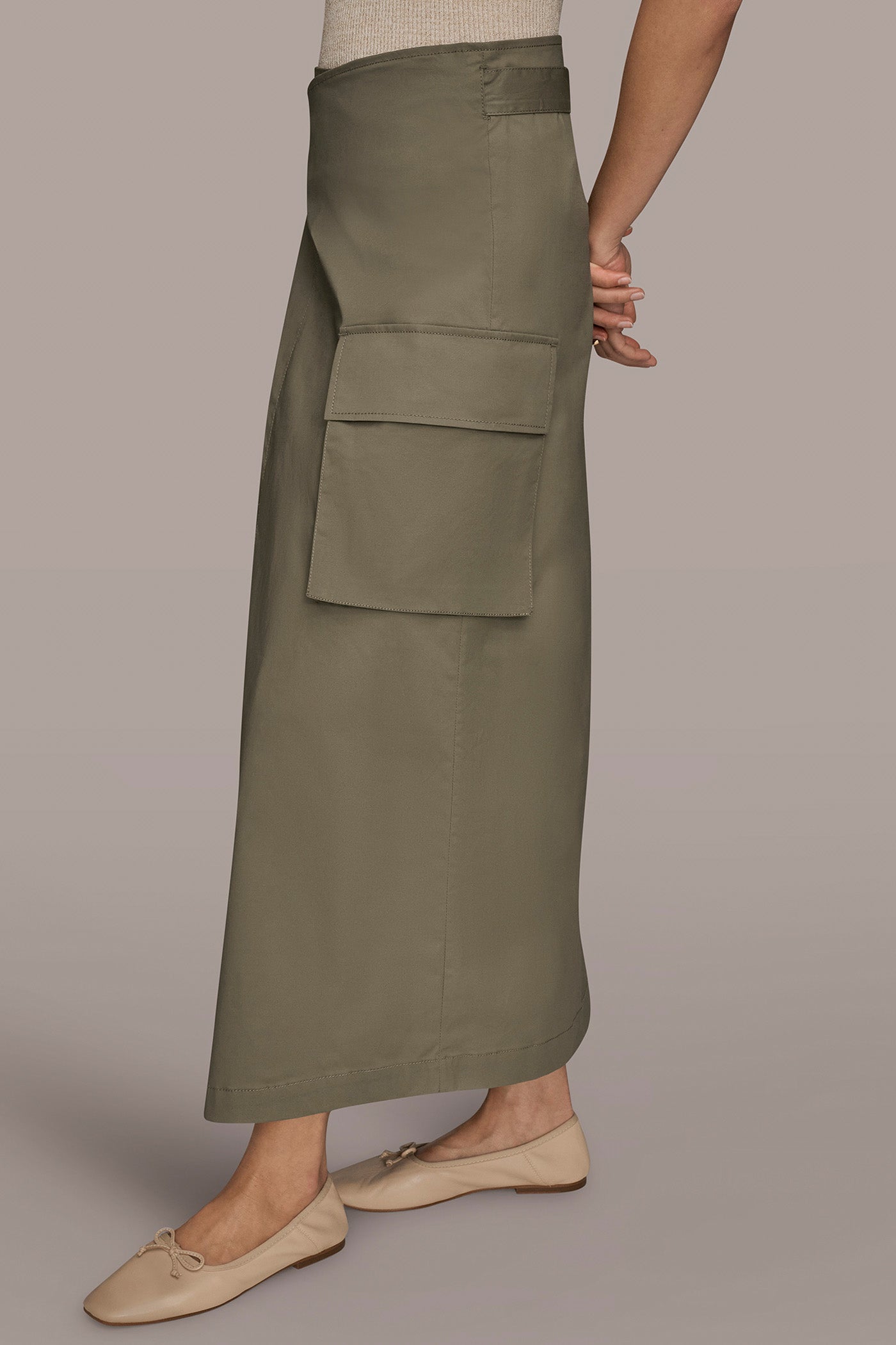 KHAKI GREEN ASYMMETRIC MIDI WRAP CARGO SKIRT Donna Karan