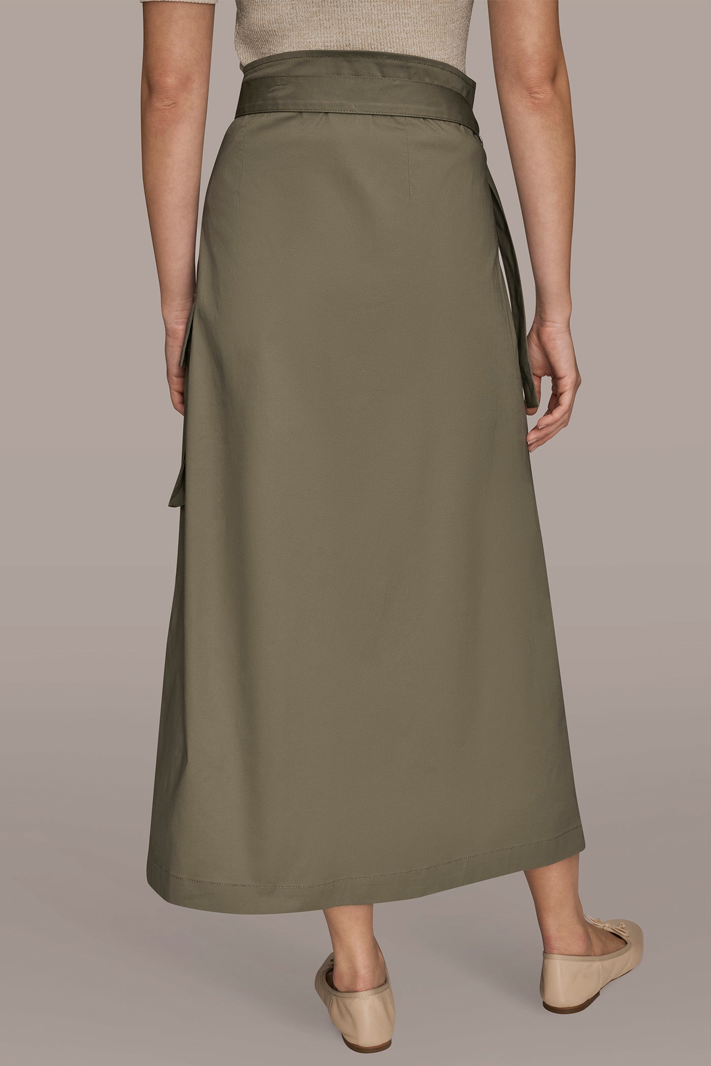 KHAKI GREEN ASYMMETRIC MIDI WRAP CARGO SKIRT Donna Karan