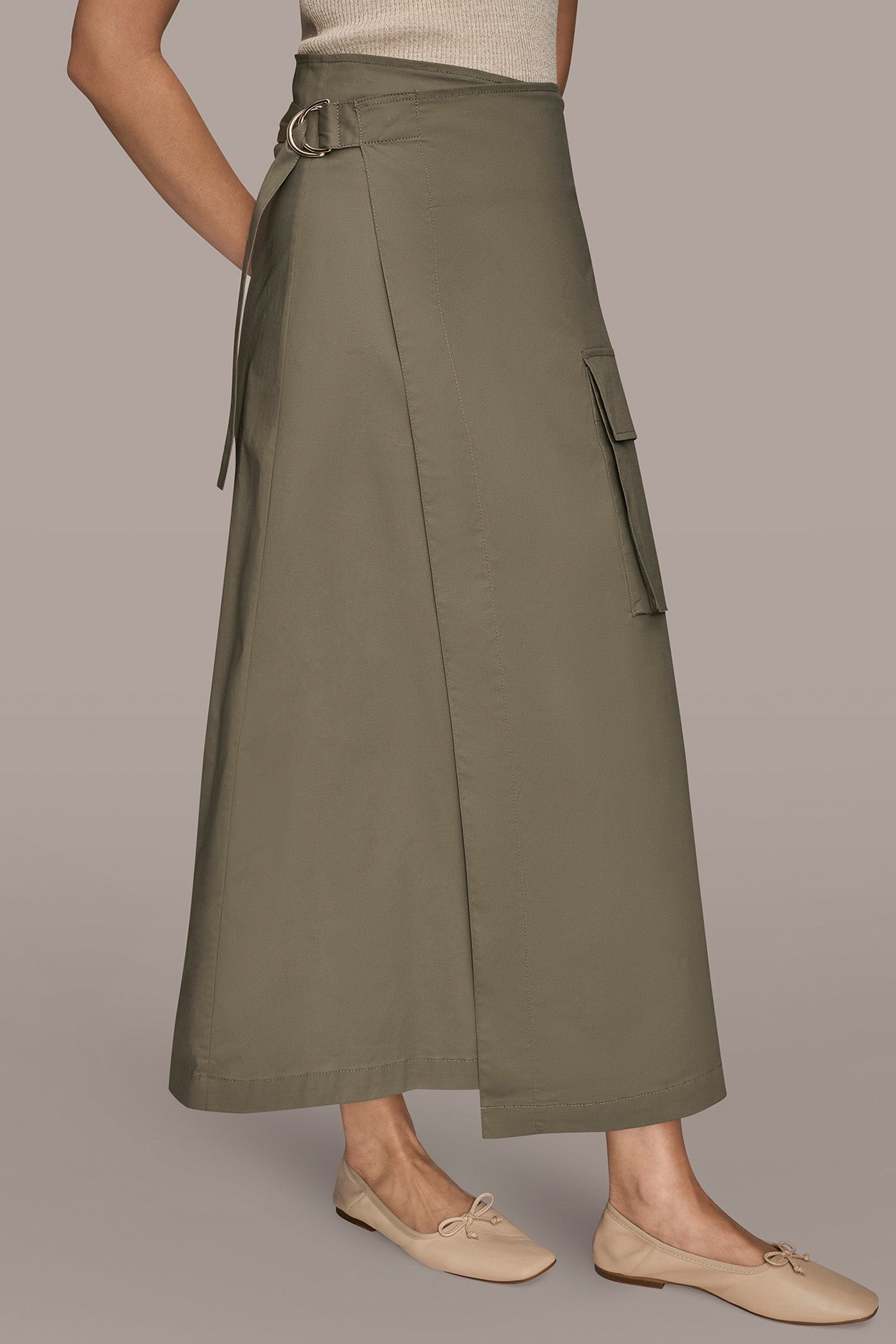 KHAKI GREEN ASYMMETRIC MIDI WRAP CARGO SKIRT Donna Karan