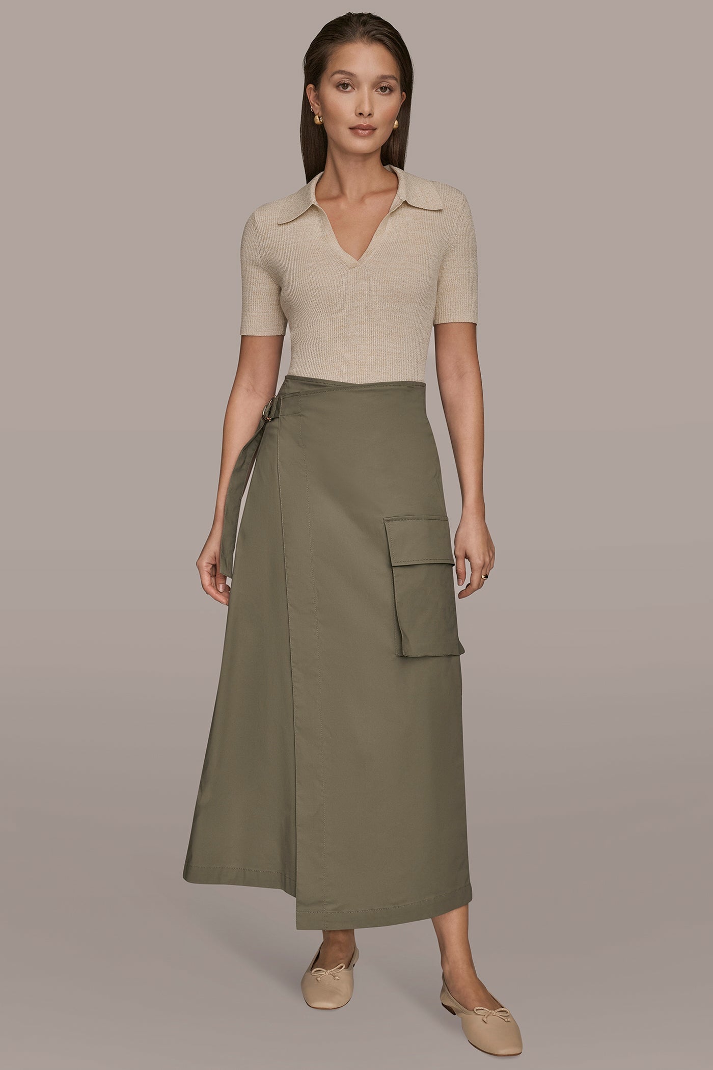 KHAKI GREEN ASYMMETRIC MIDI WRAP CARGO SKIRT Donna Karan