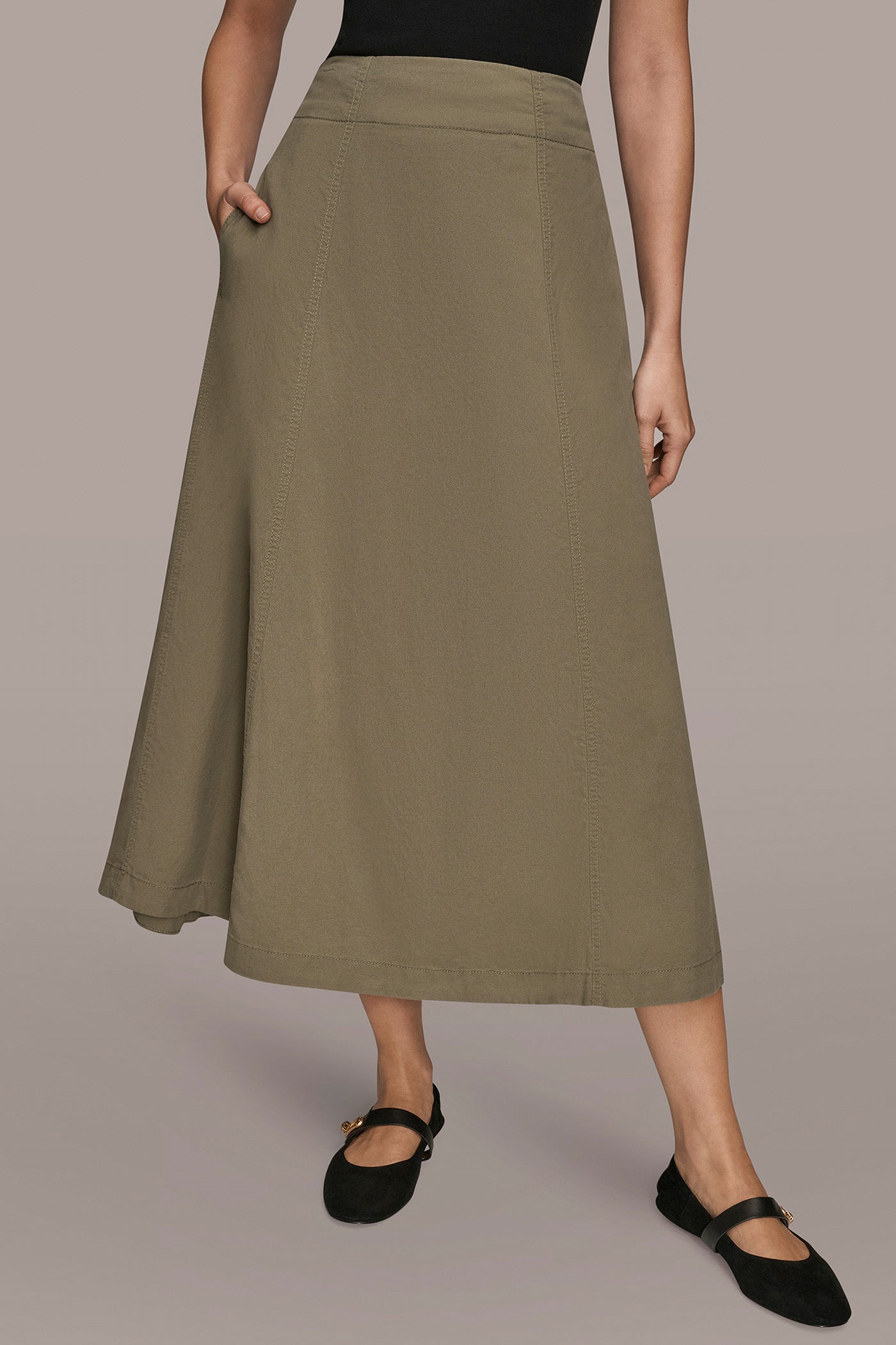 KHAKI GREEN BRUSHED MIDI PANEL TRUMPET SKIRT Donna Karan