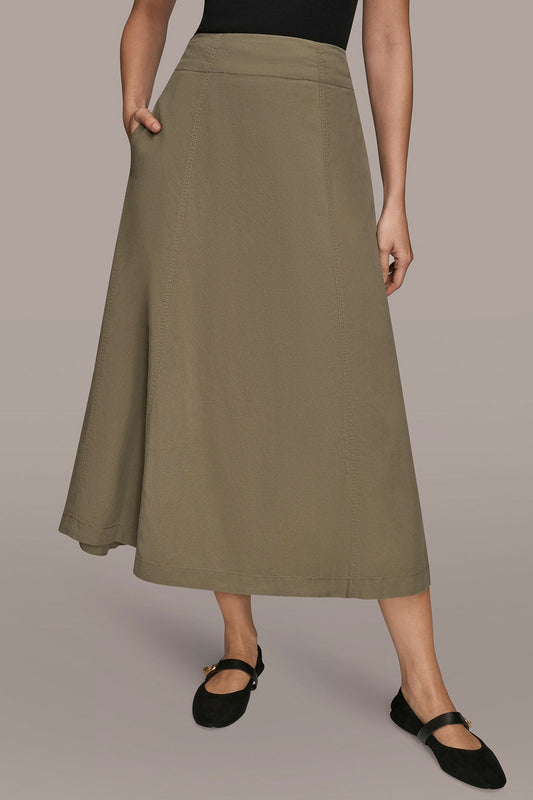KHAKI GREEN BRUSHED MIDI PANEL TRUMPET SKIRT Donna Karan