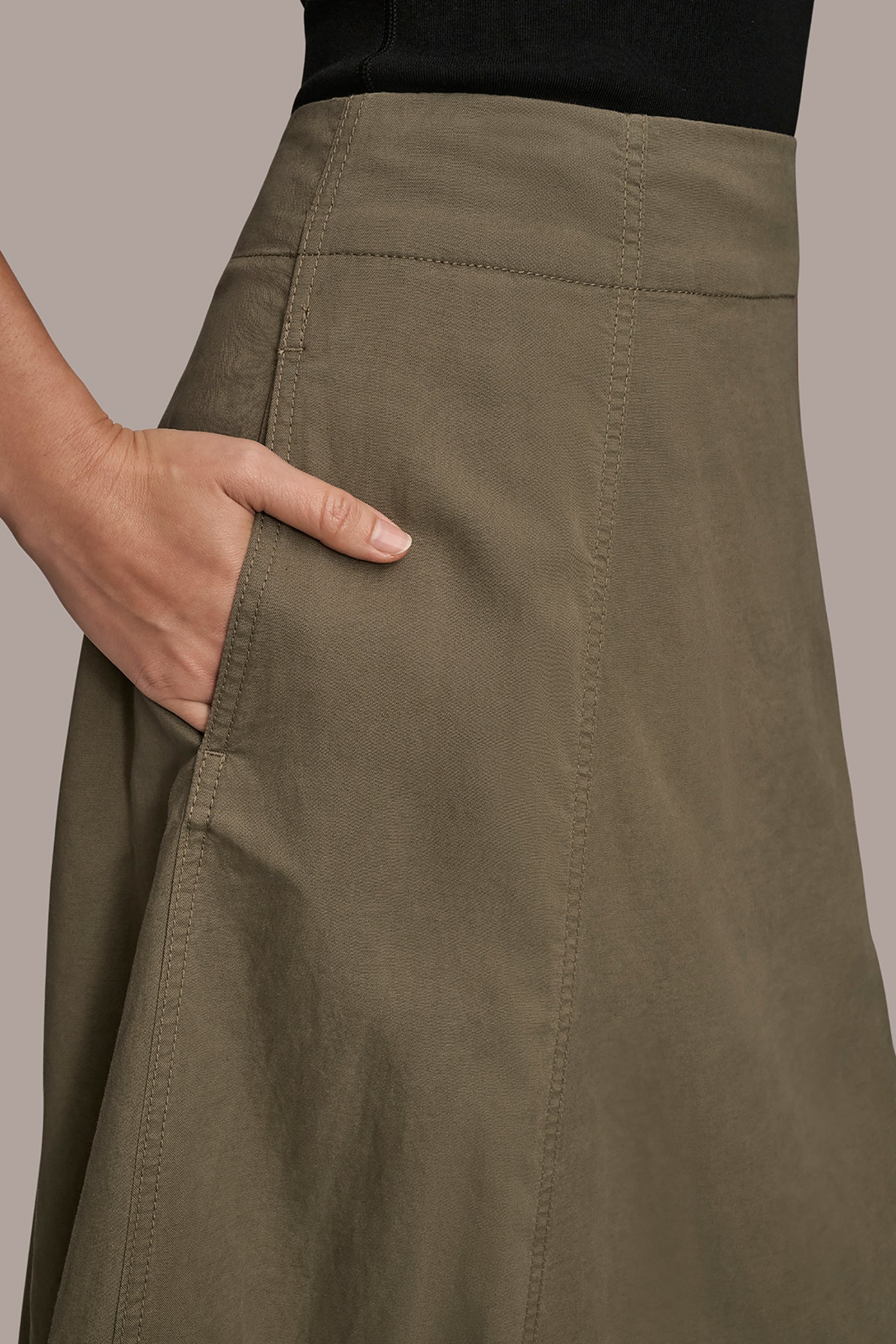 KHAKI GREEN BRUSHED MIDI PANEL TRUMPET SKIRT Donna Karan